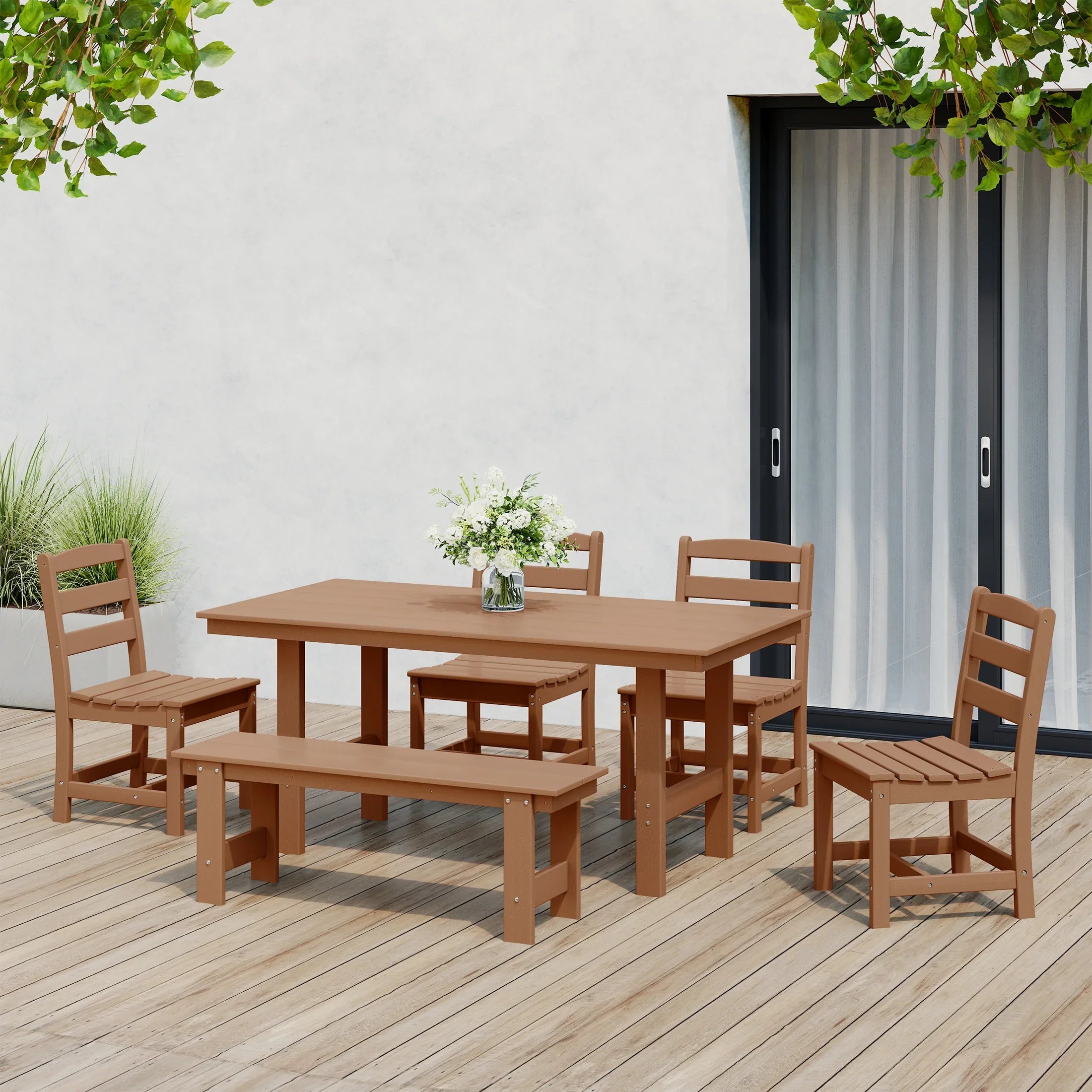 Palms 6-Piece Outdoor HDPE Rectangular Patio Dining Table Set with Bench