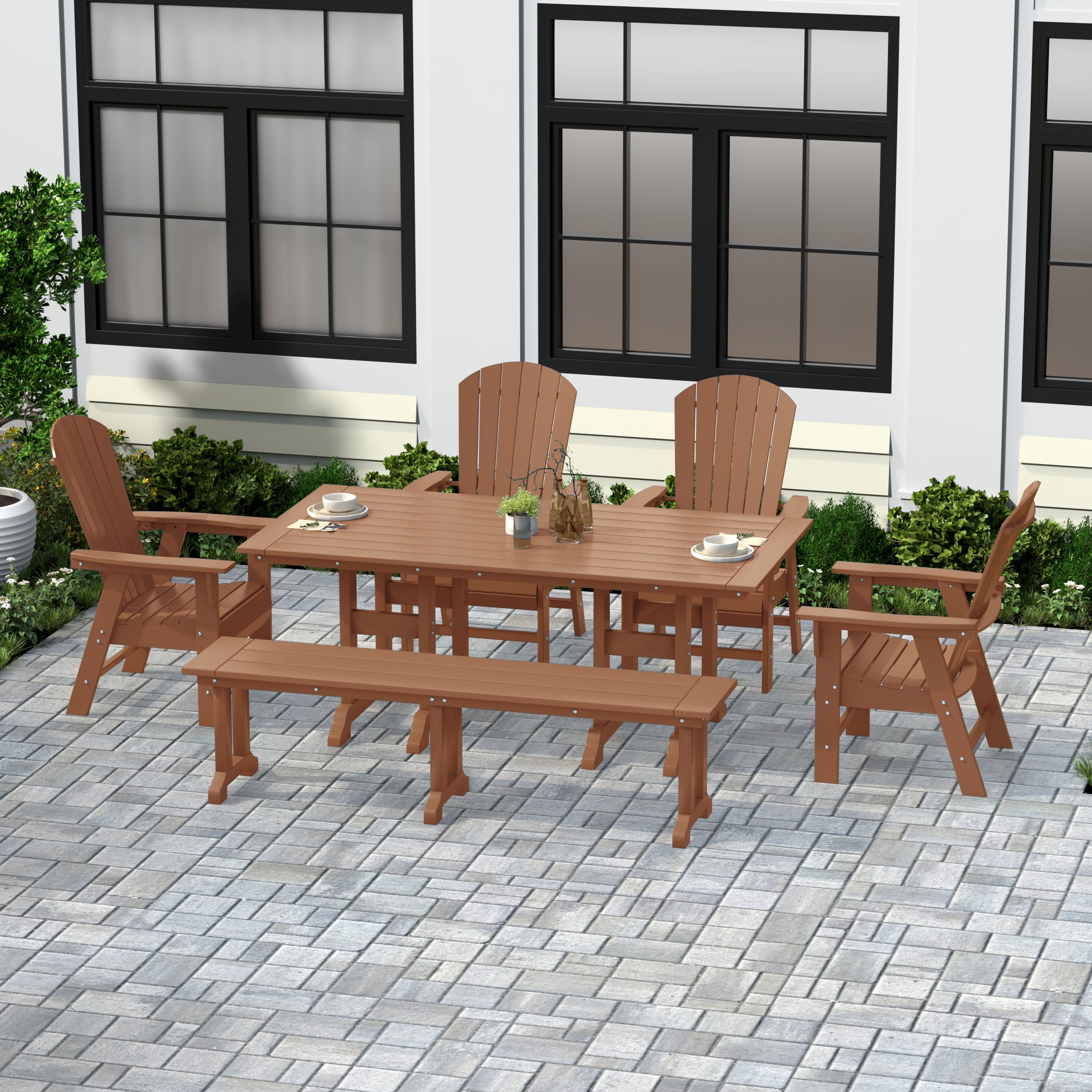Portside 6 Piece Outdoor Patio Dining Table and Armchair Dining Bench Set