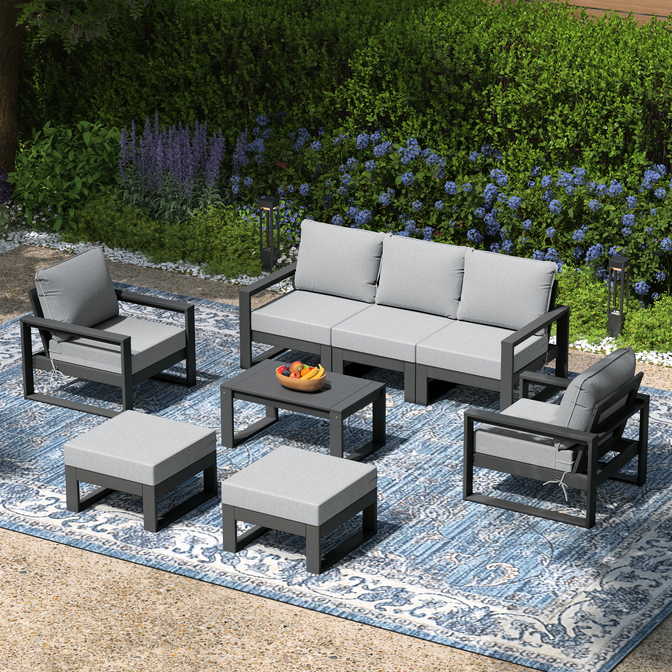 Rockaway 8-Piece Modern HDPE Outdoor Patio Furniture Conversation Set with Coffee Table and Ottomans