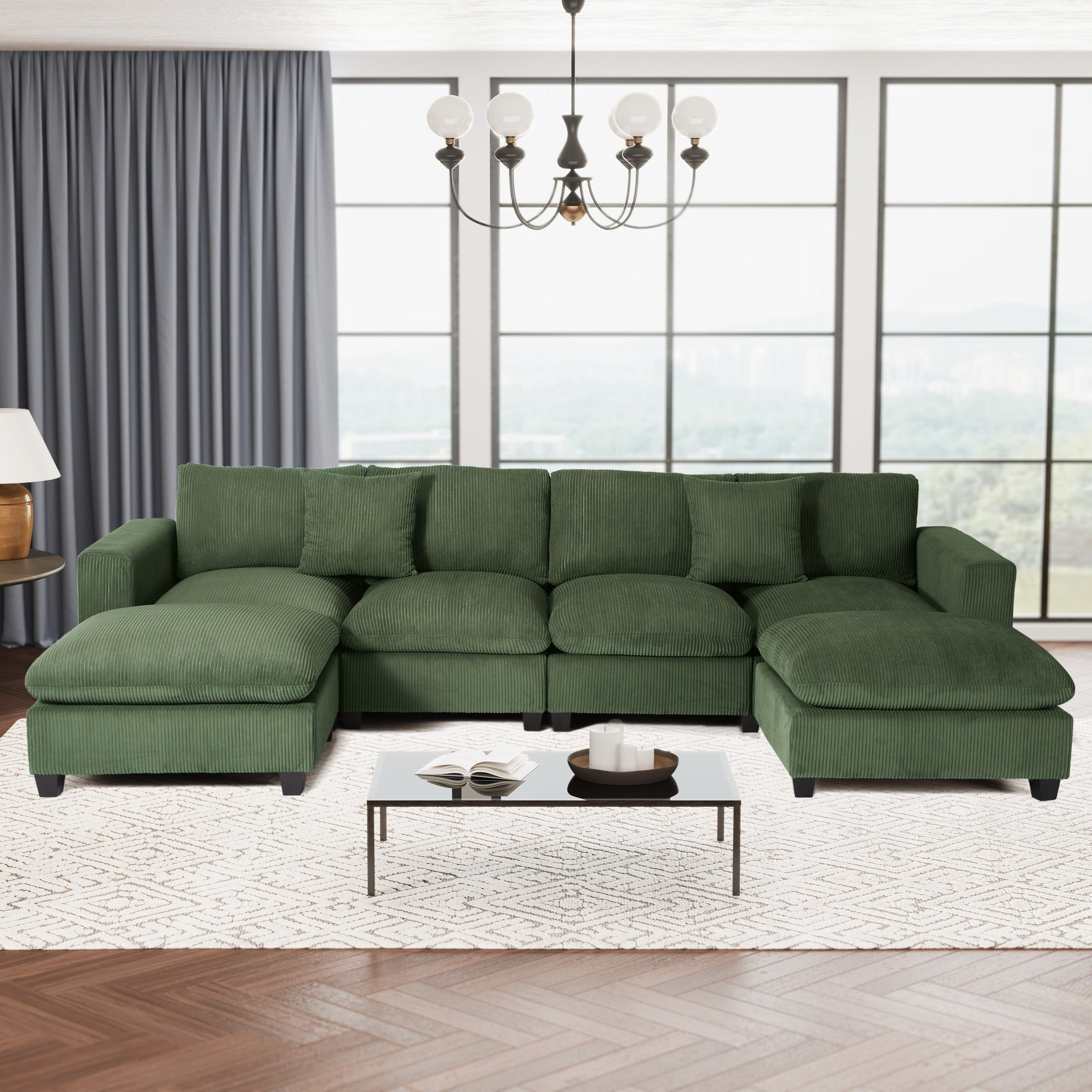 Ava 128" Corduroy Modular U-Shaped Sectional Couch and Chaise With USB/Type-C Ports and Side Pockets