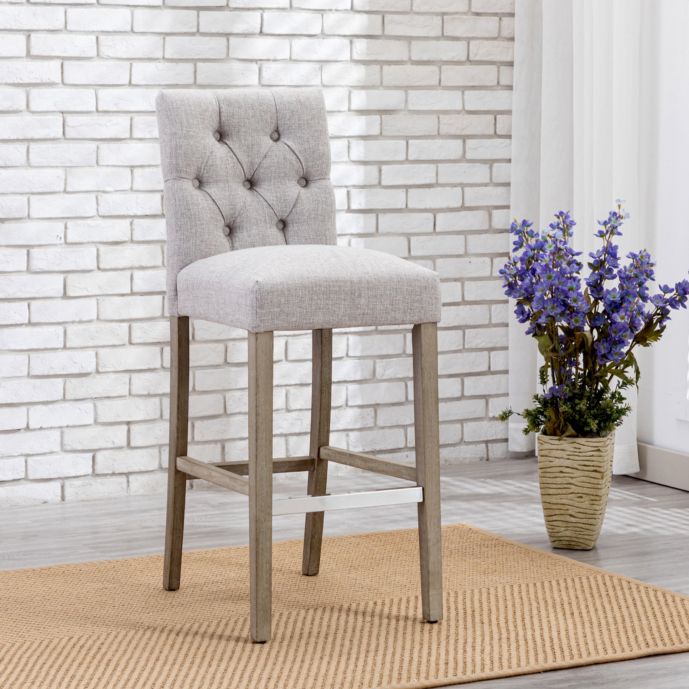 Bellmount 29" Linen Fabric Tufted Bar Stool,Antique Gray