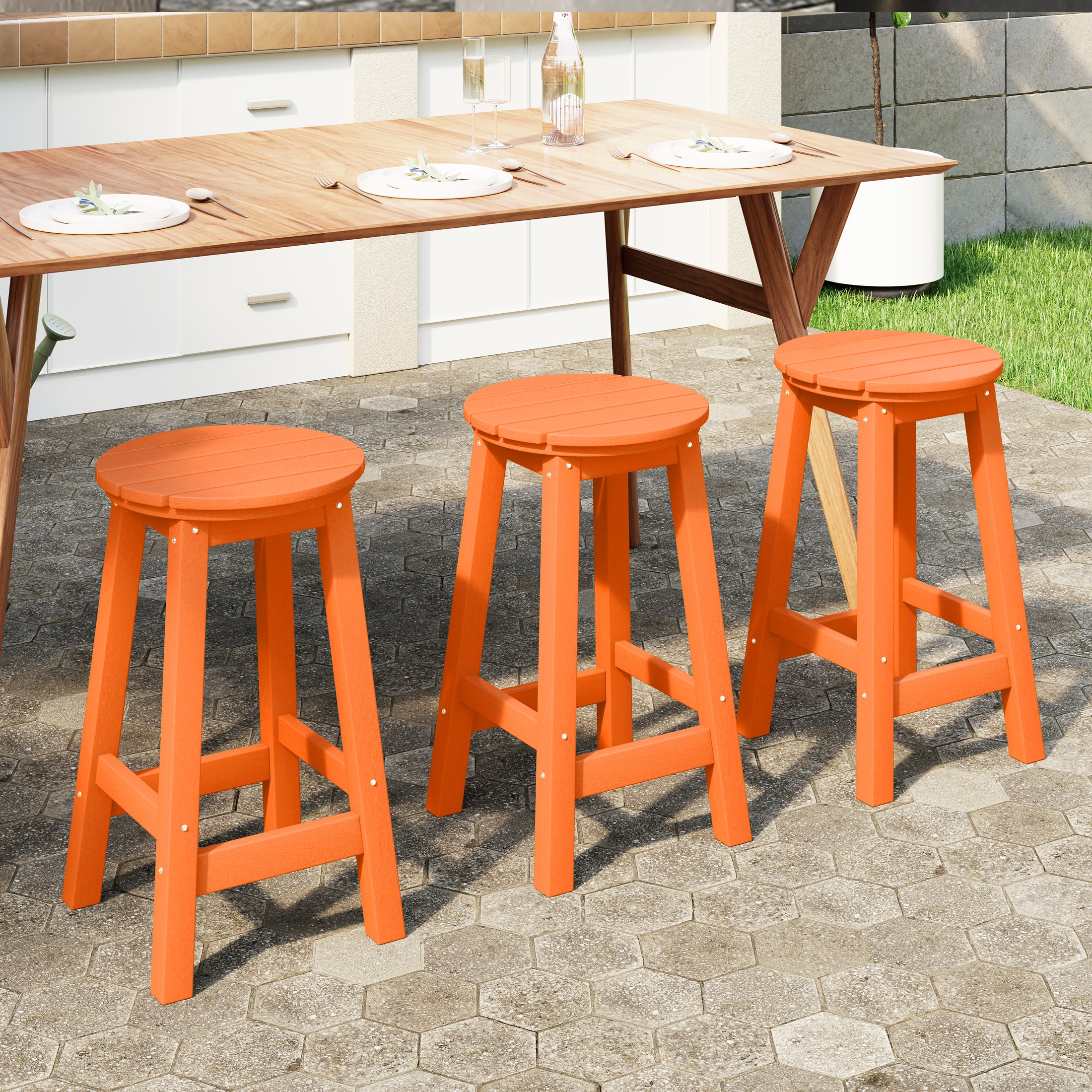 Paradise 24" HDPE Outdoor Patio Round Counter Height Bar Stool Set of 3
