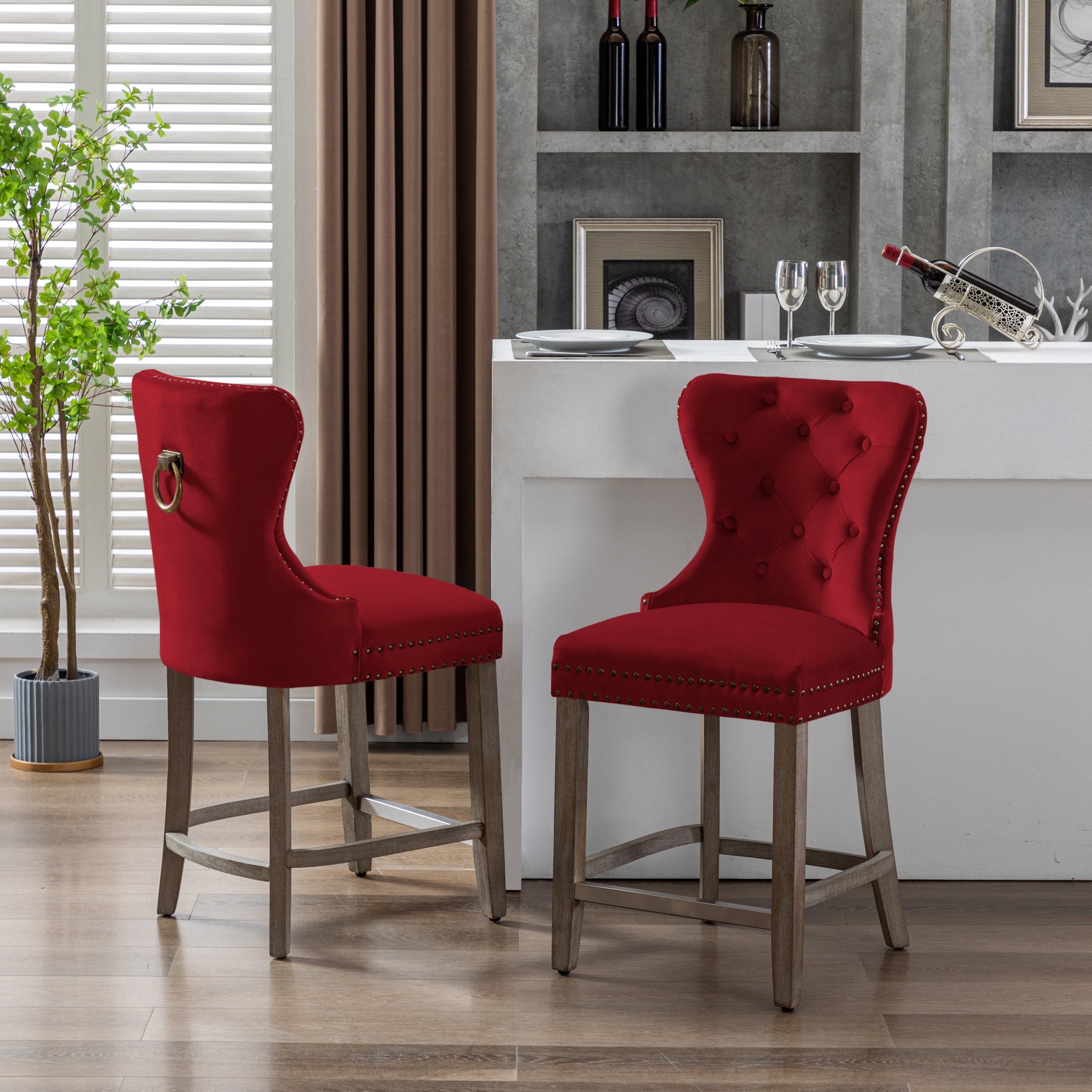 Hank 24" Tufted Velvet Counter Stool (Set of 2), Antique Gray