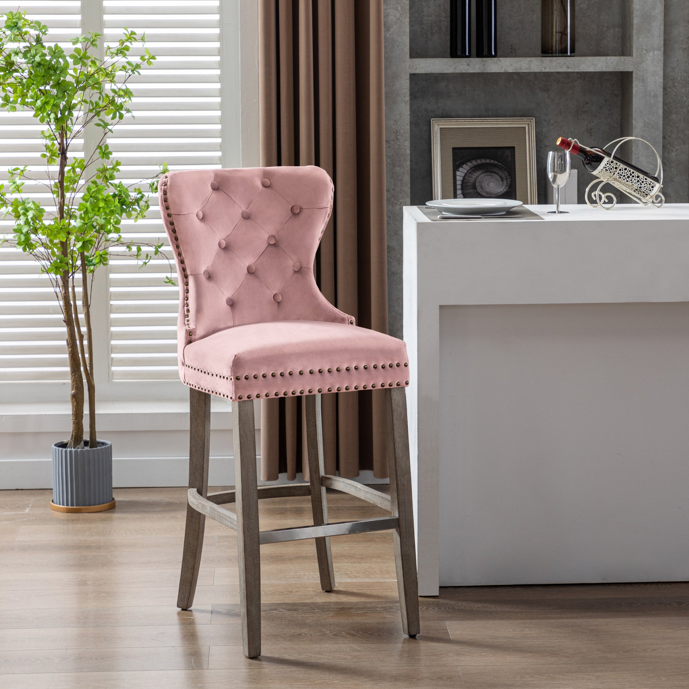 Hank 29" Tufted Velvet Bar Stool, Antique Gray