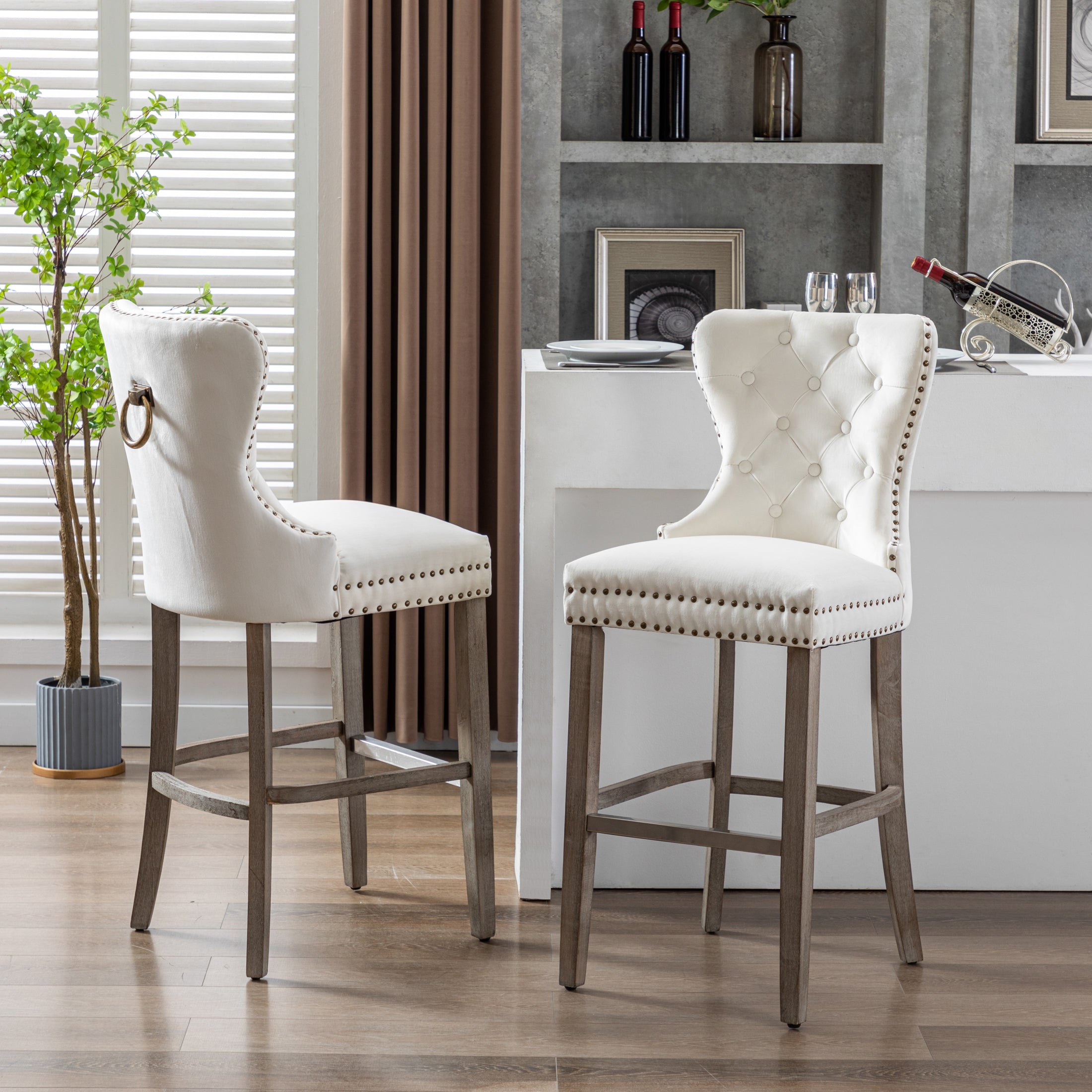 Hank 29" Tufted Velvet Bar Stool (Set of 2), Antique Gray