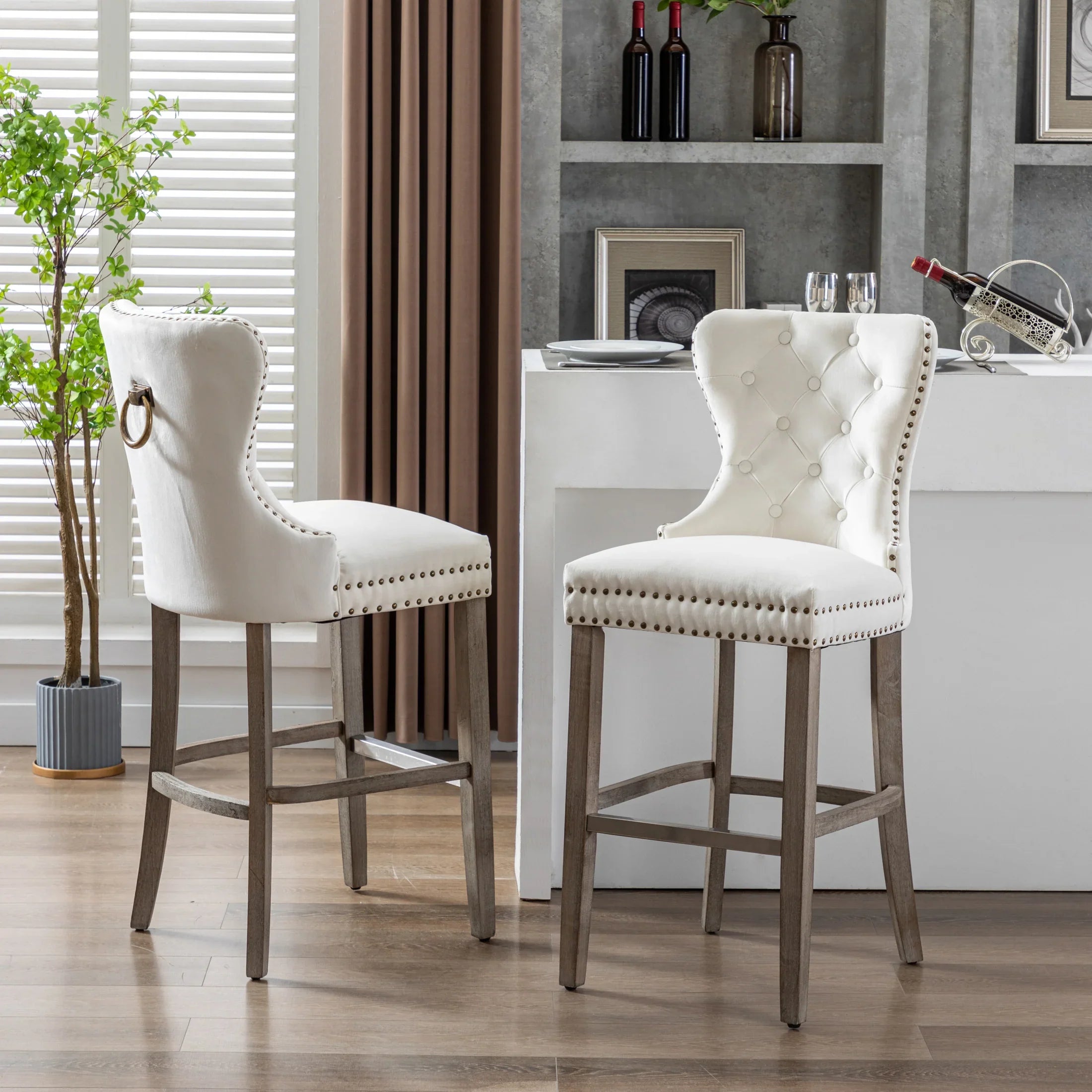 Hank 29" Tufted Velvet Bar Stool (Set of 2), Antique Gray