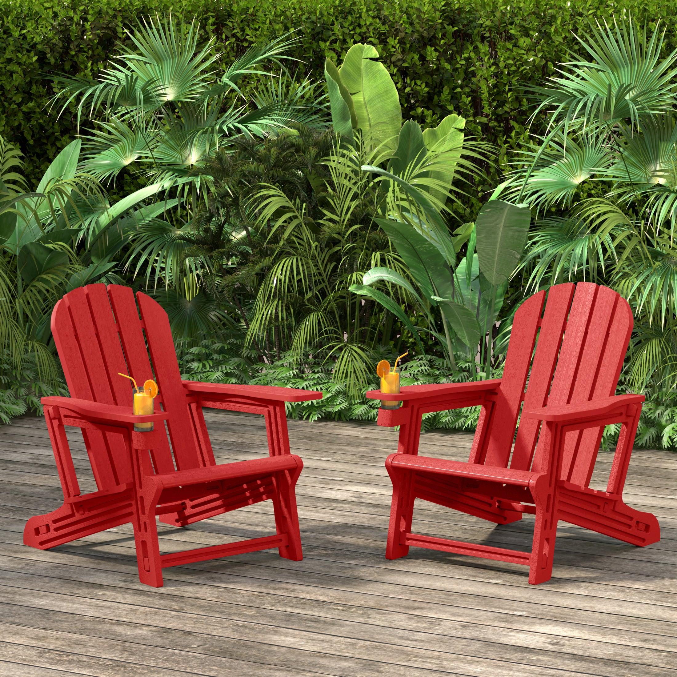 Cayman Tool-Free Assembly Outdoor Patio HDPE Plastic Adirondack Chair with Cup Holder (Set of 2)