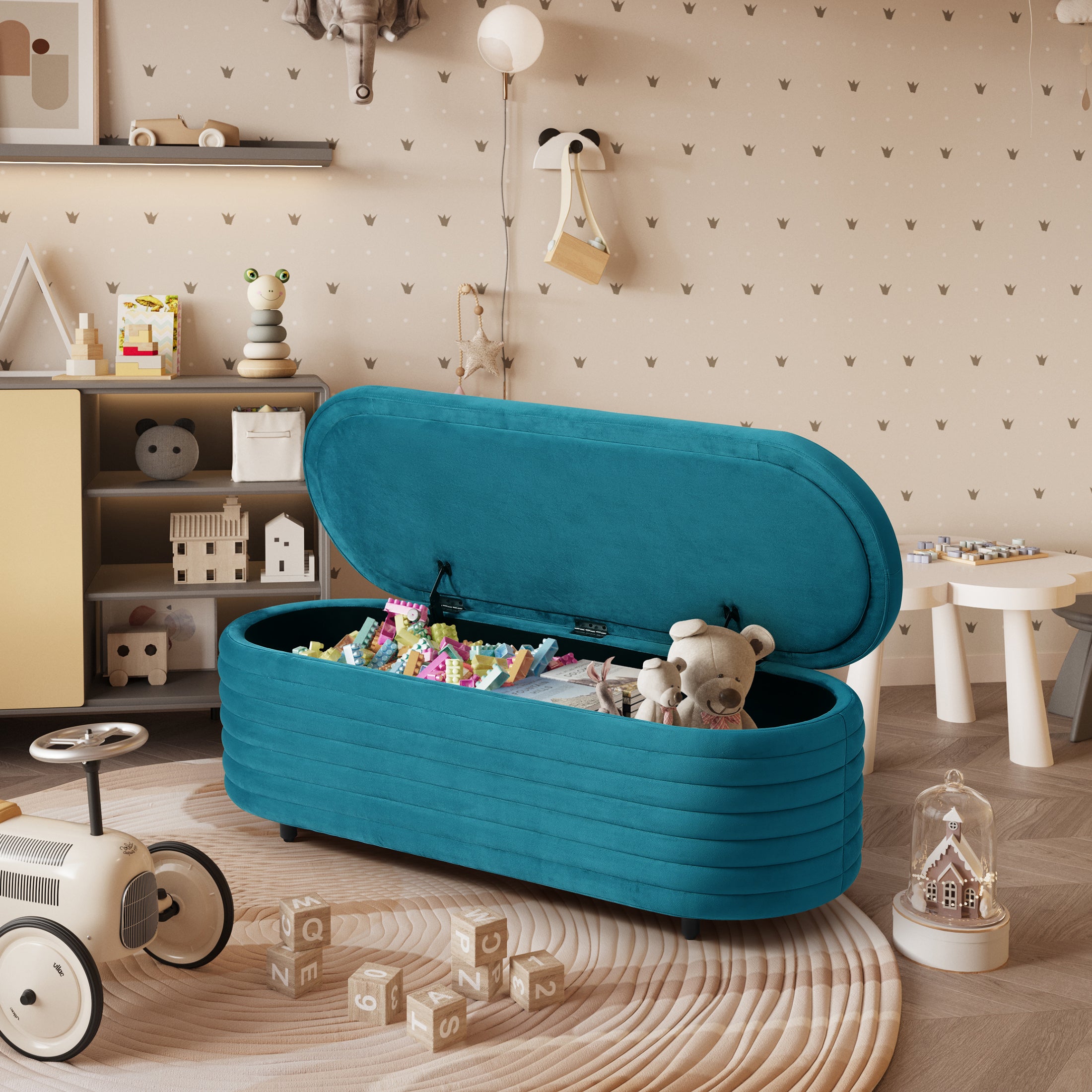 Alaia 54" Wide Mid-Century Modern Upholstered Velvet Tufted Oval Storage Ottoman Bench