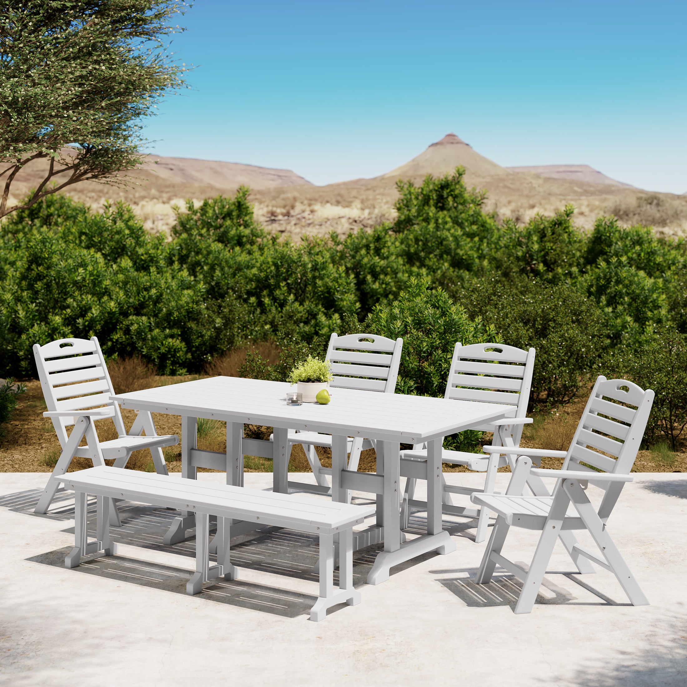 Paradise 6-Piece HDPE Rectangular Patio Dining Table Set with Foldable Chairs and Patio Bench