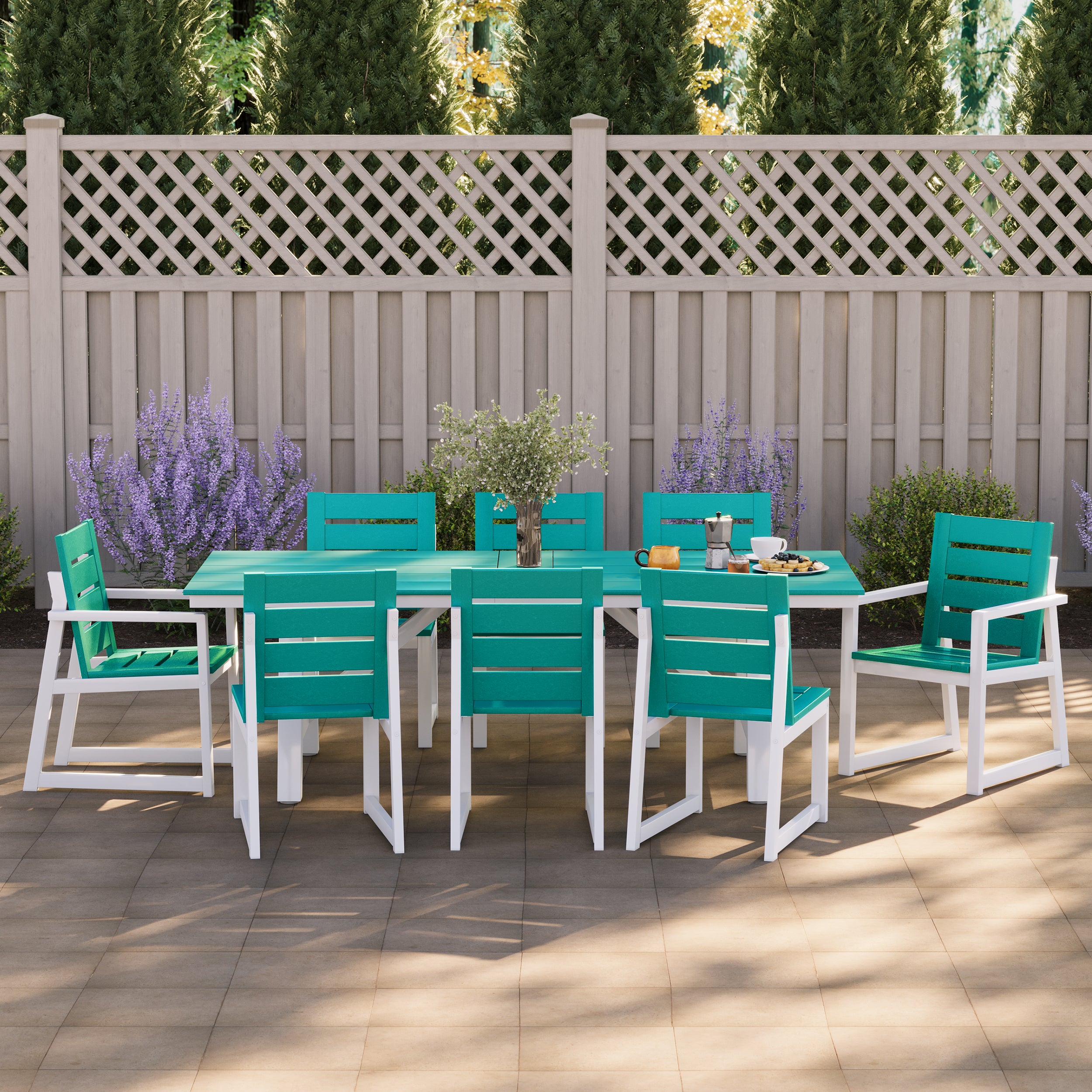 Stinson 9-Piece HDPE Outdoor Furniture Patio Dining Table With Umbrella Hole and Chairs Set For 8