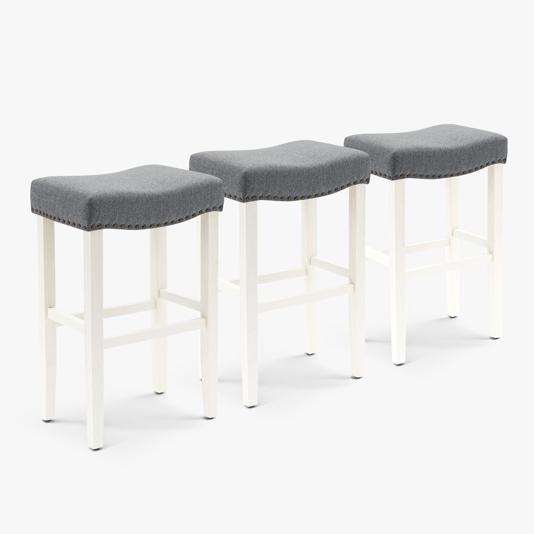 Bulmon 29" Upholstered Saddle Seat Antique White Bar Stool (Set of 3)