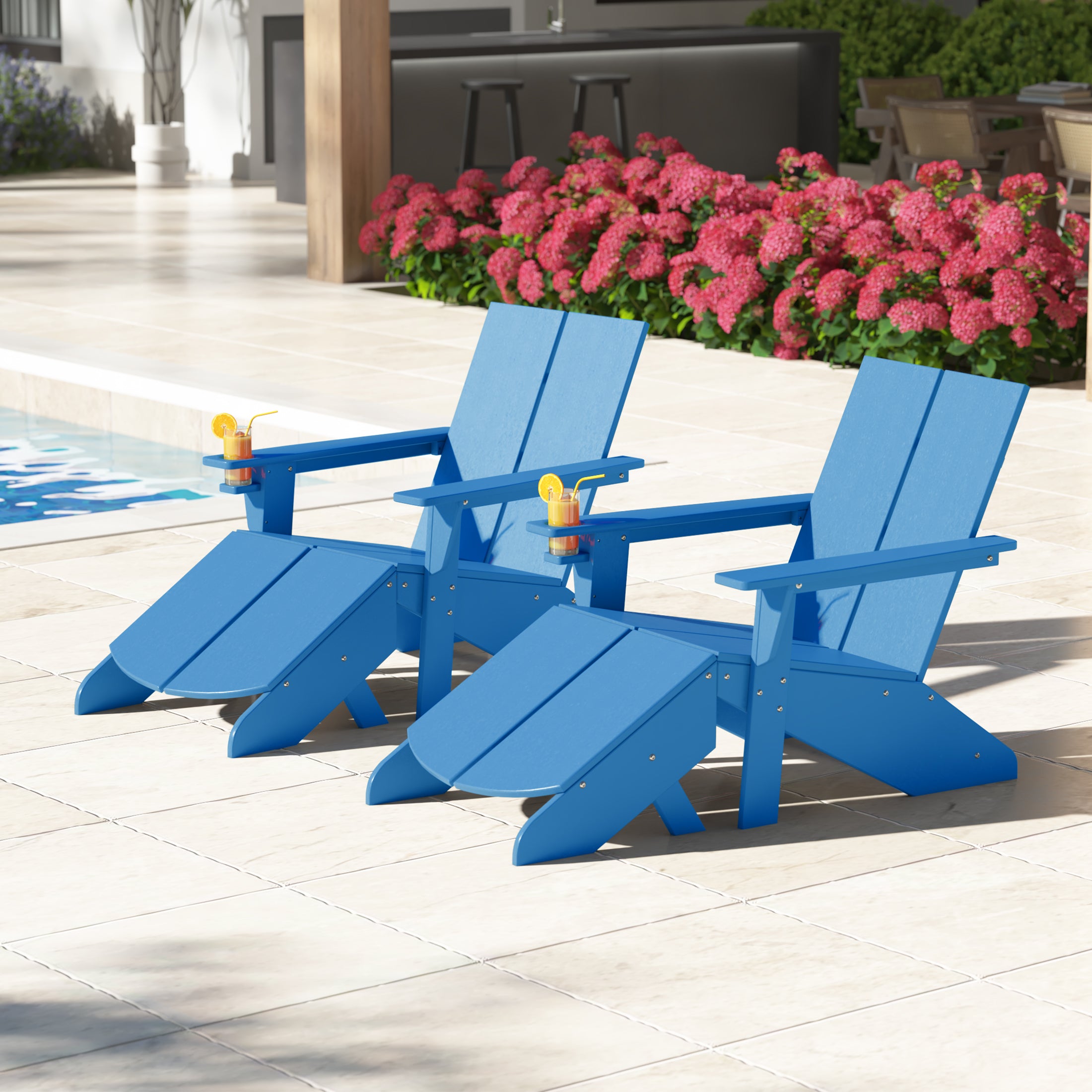 Seaview Outdoor 4-Piece HDPE Modern Adirondack Chairs Set with Folding Patio Ottomans and Cup Holder