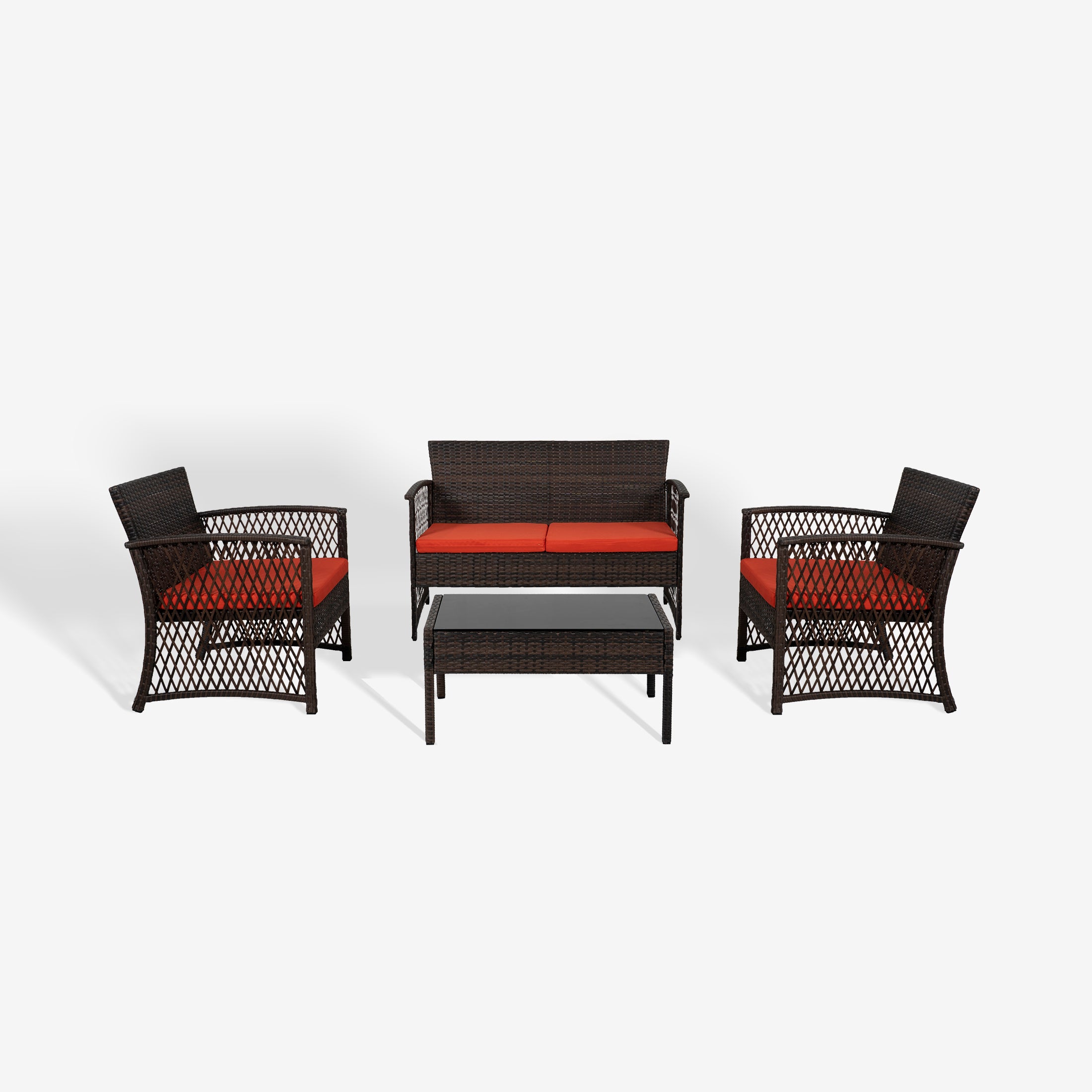 Estela 4-Piece set Coffee color base Outdoor / Patio Woven Rattan Conversation Sofa set with cushions a Coffee table ( 4 seater )