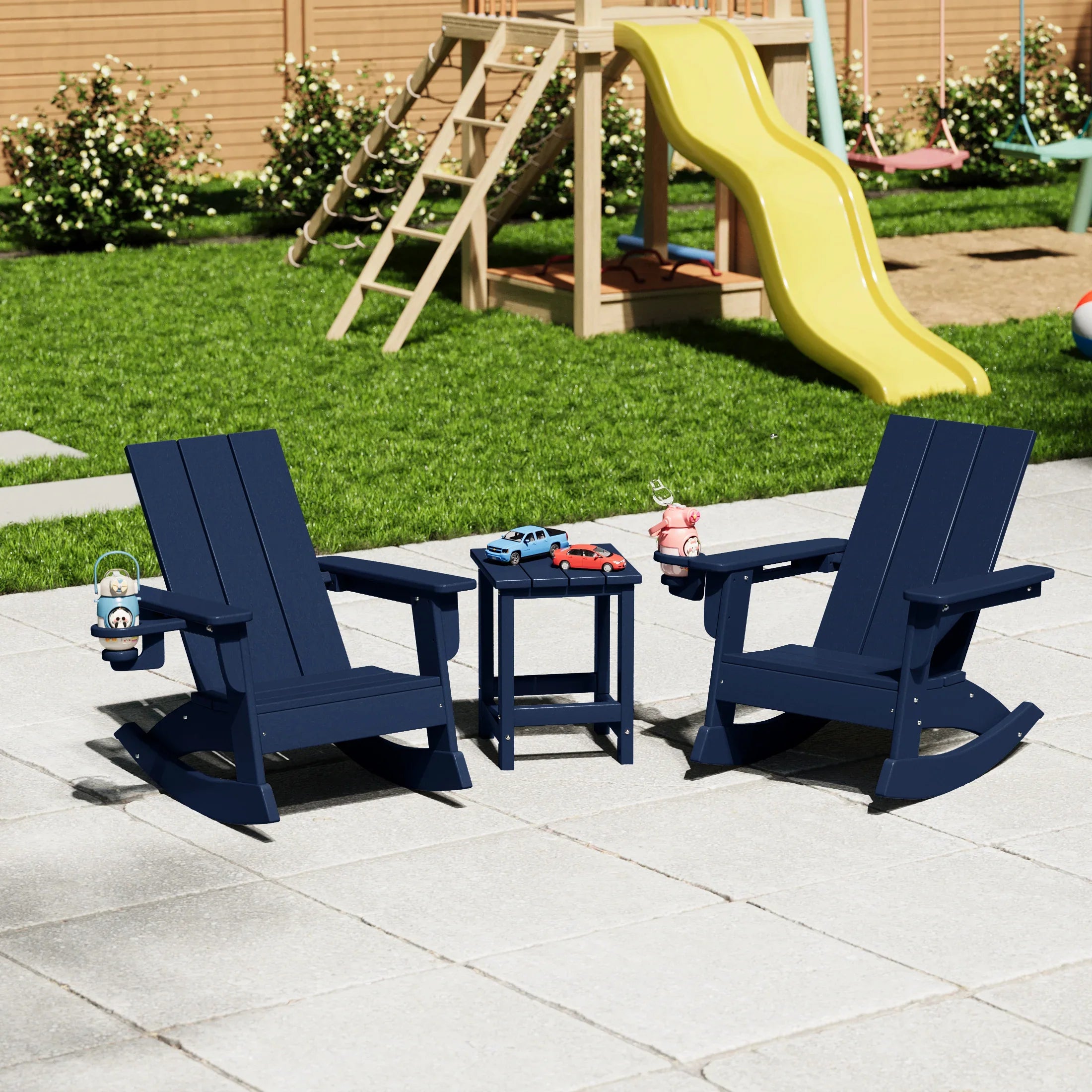 Palms 3-Piece Kids Modern Rocking Chair With Cup Holder and Square Side Table Set