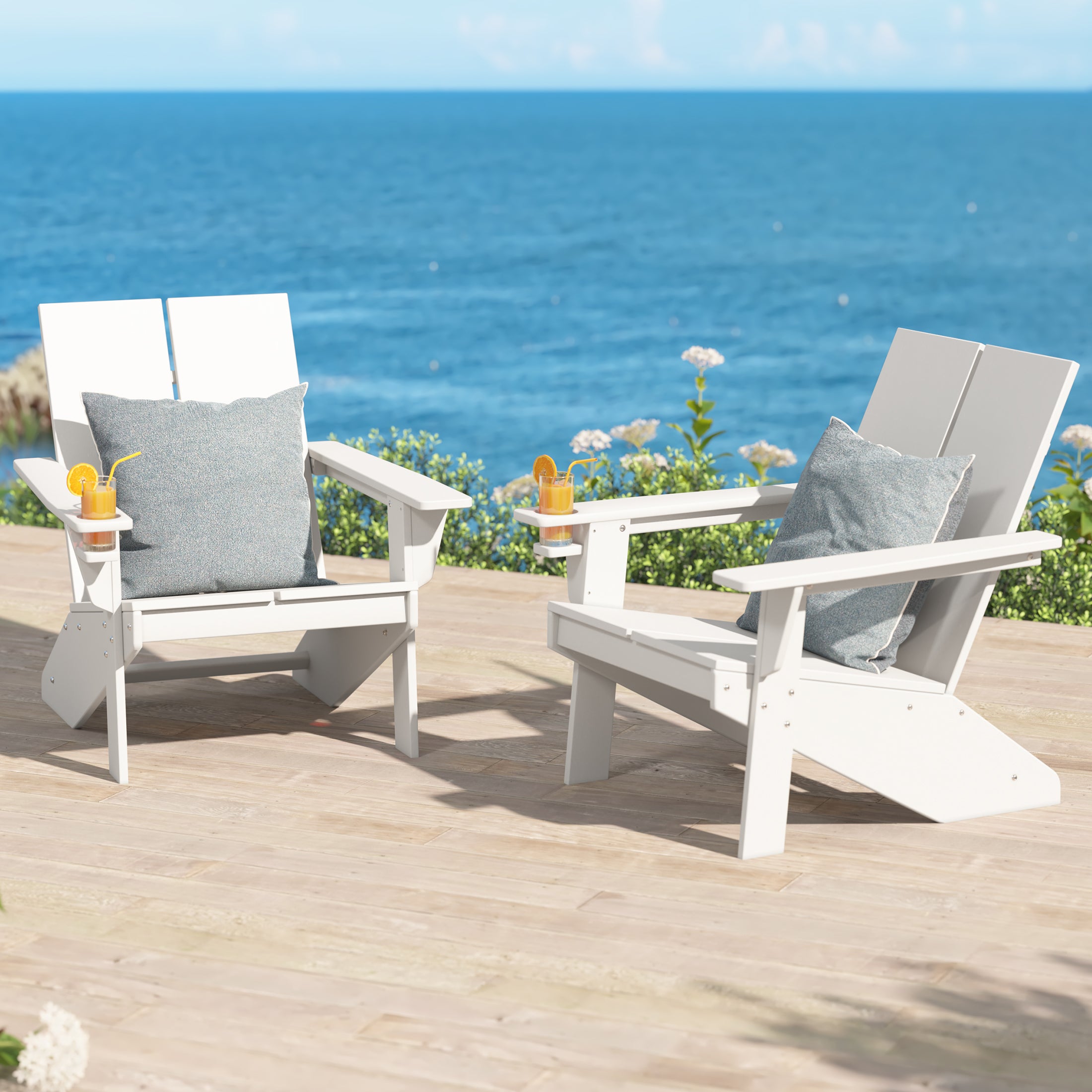 Seaview Outdoor HDPE Modern Adirondack Chair with Cup Holder (Set of 2)