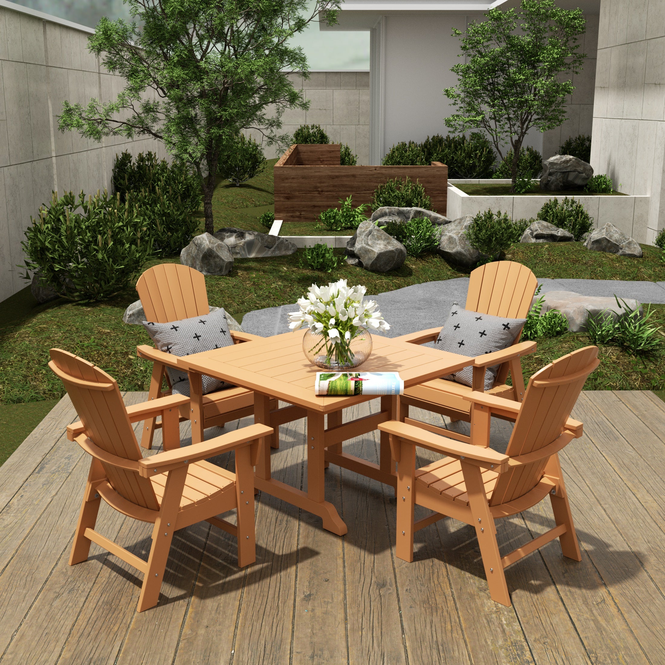 Portside 5 Piece Outdoor Patio Dining Square Table and Shell Back Armchair Set
