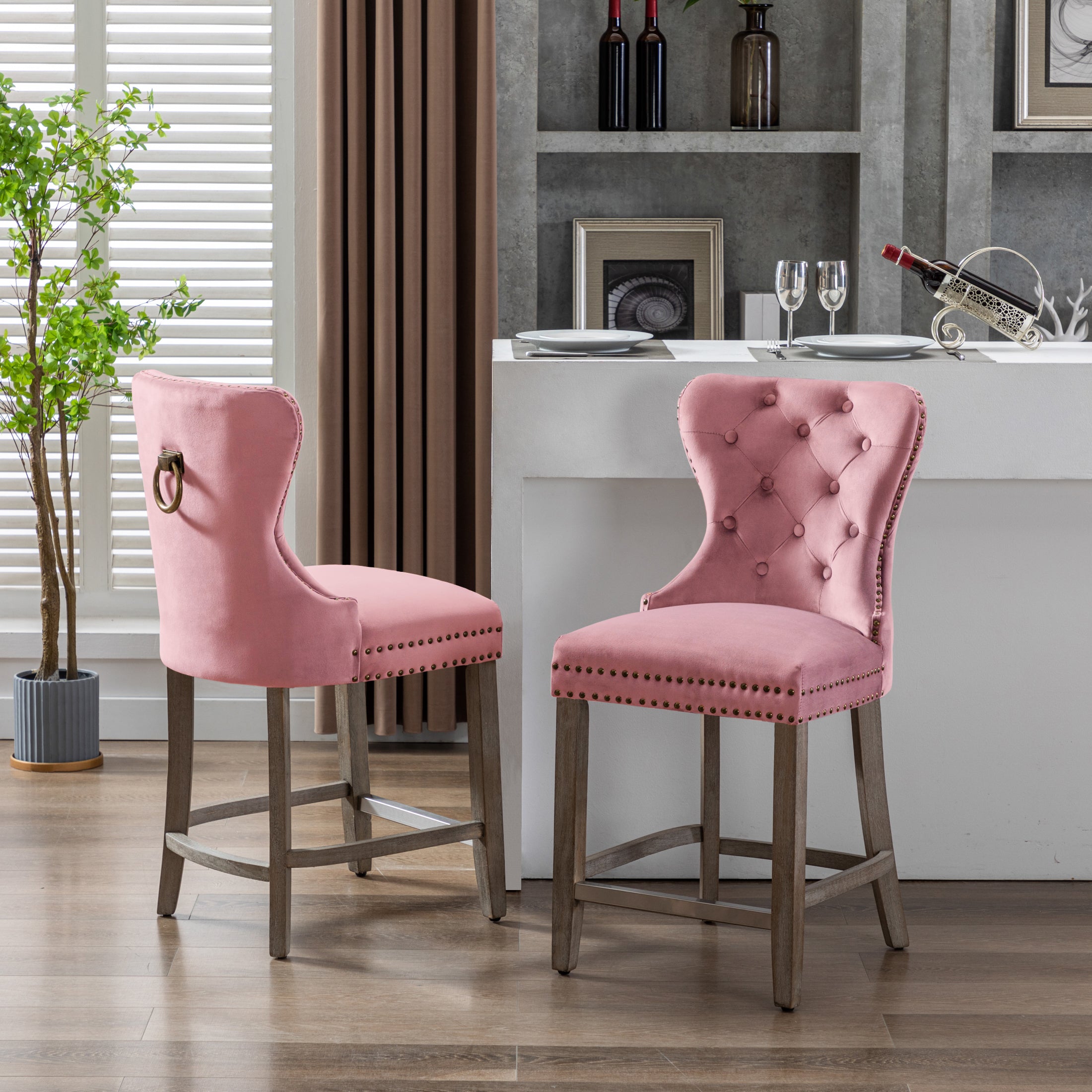 Hank 24" Tufted Velvet Counter Stool (Set of 2), Antique Gray