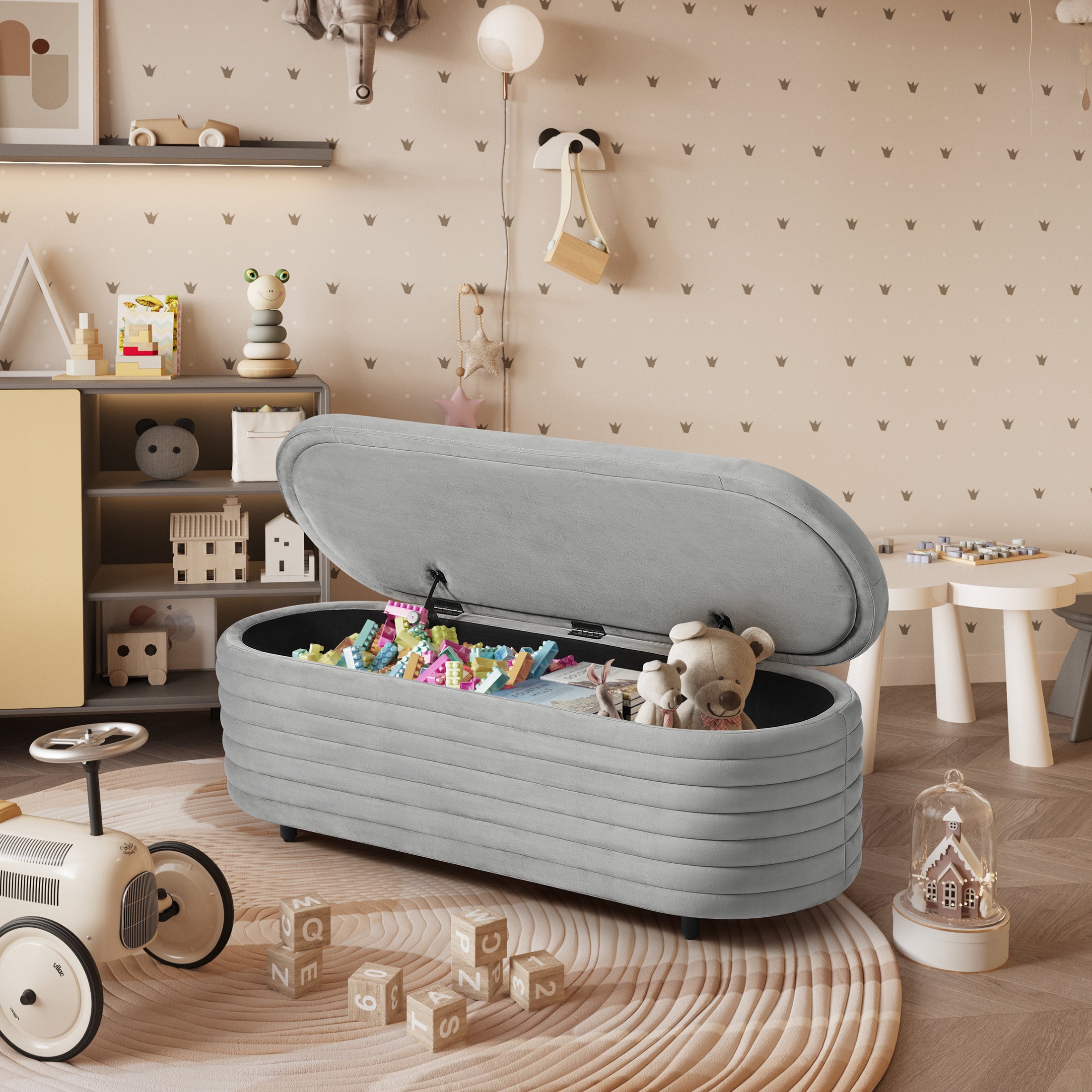 Alaia 54" Wide Mid-Century Modern Upholstered Velvet Tufted Oval Storage Ottoman Bench