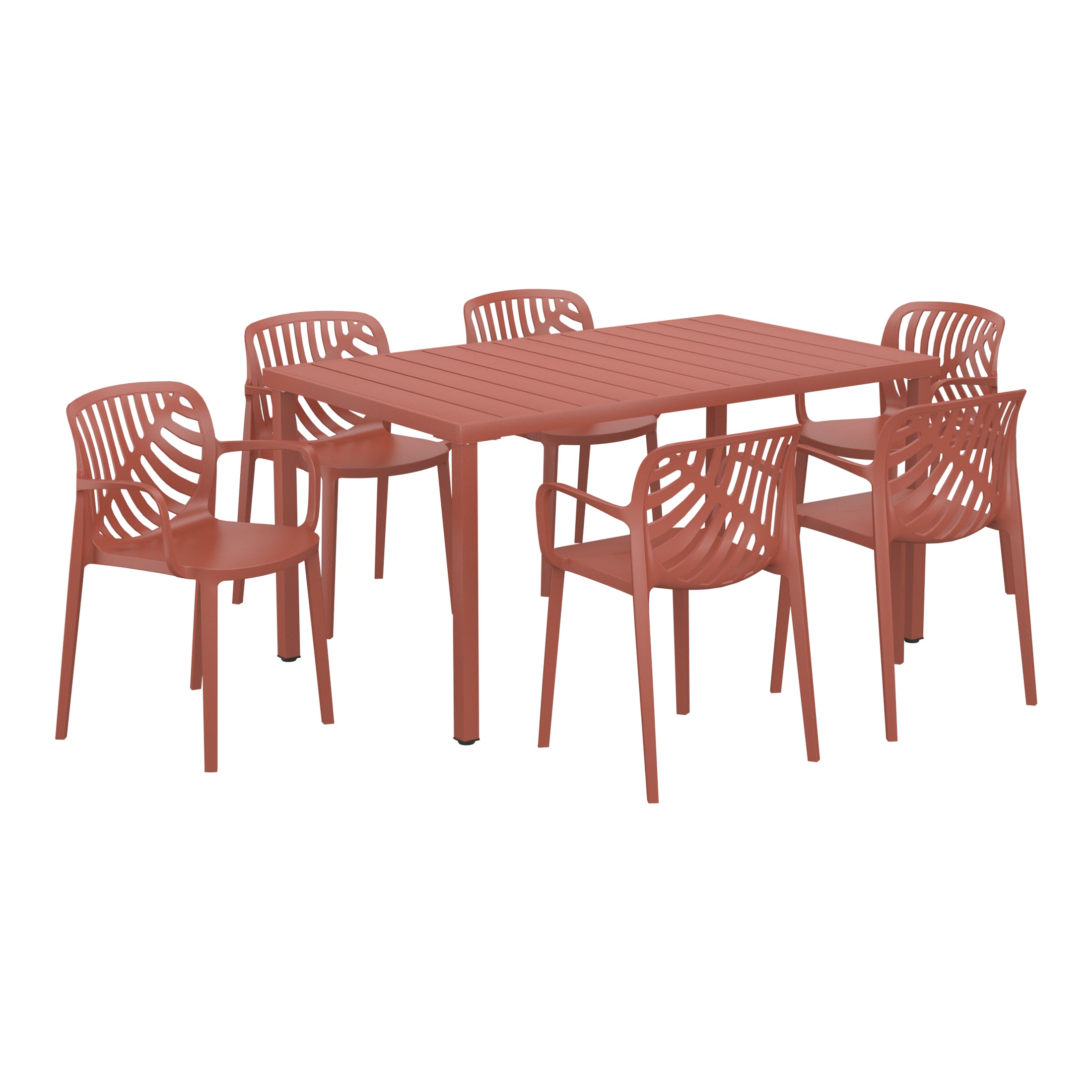 Sunshine 7-Piece Outdoor Metal Rectangle Patio Dining Table Set With Stackable Resin Patio Dining Chairs