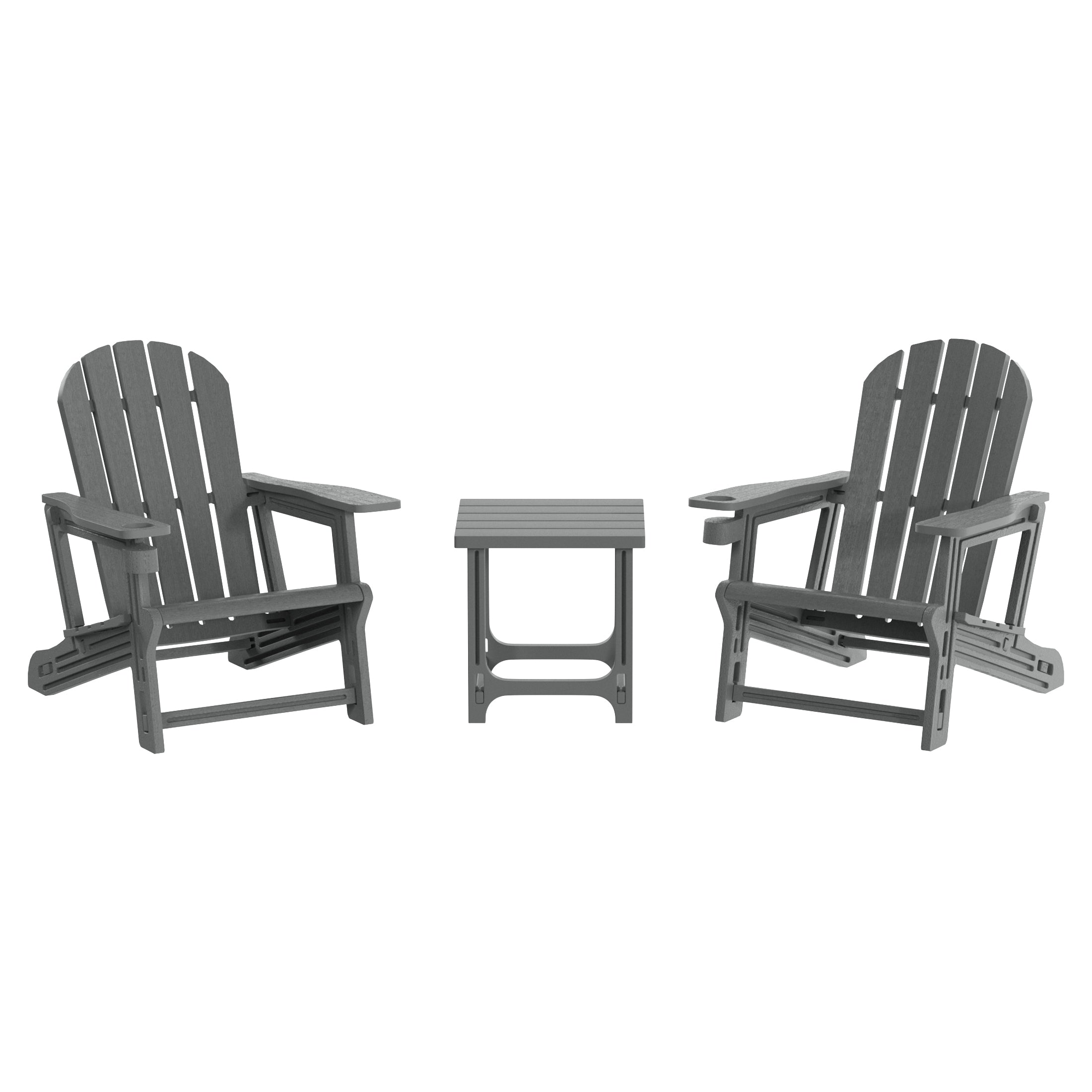 Cayman 3-Piece HDPE Plastic Adirondack Patio Chairs With 18" Square Side Table Set