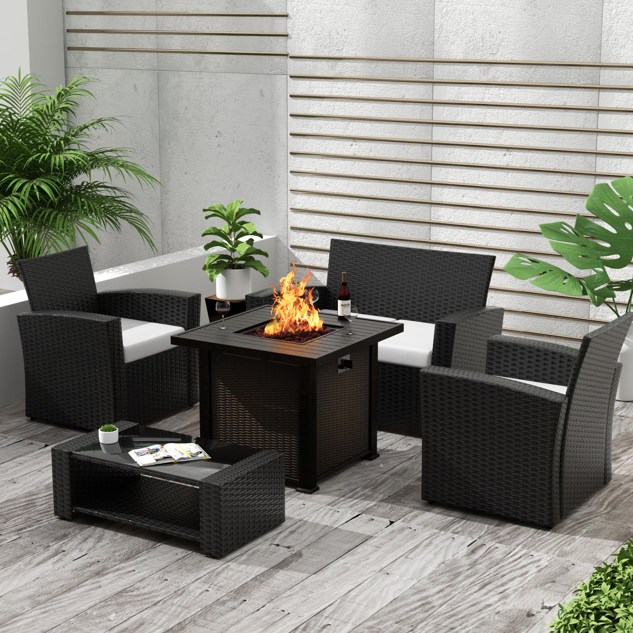 Wynston 4-Piece Conversation Outdoor Patio Sofa Set with Square Fire Pit Table