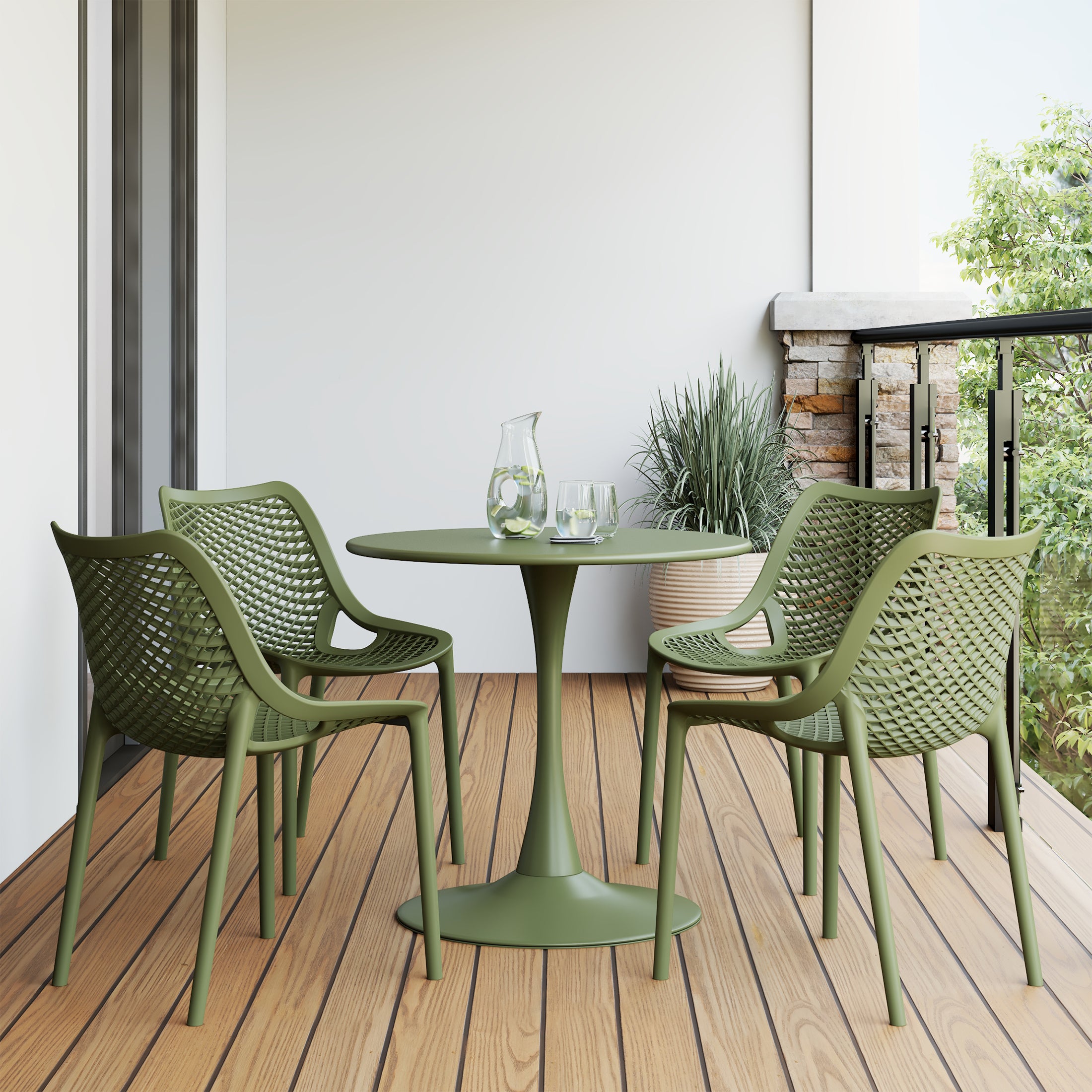 Sunshine 5-Piece Outdoor Indoor Round Metal Dining Table Set And Stackable Resin Patio Dining Side Chairs