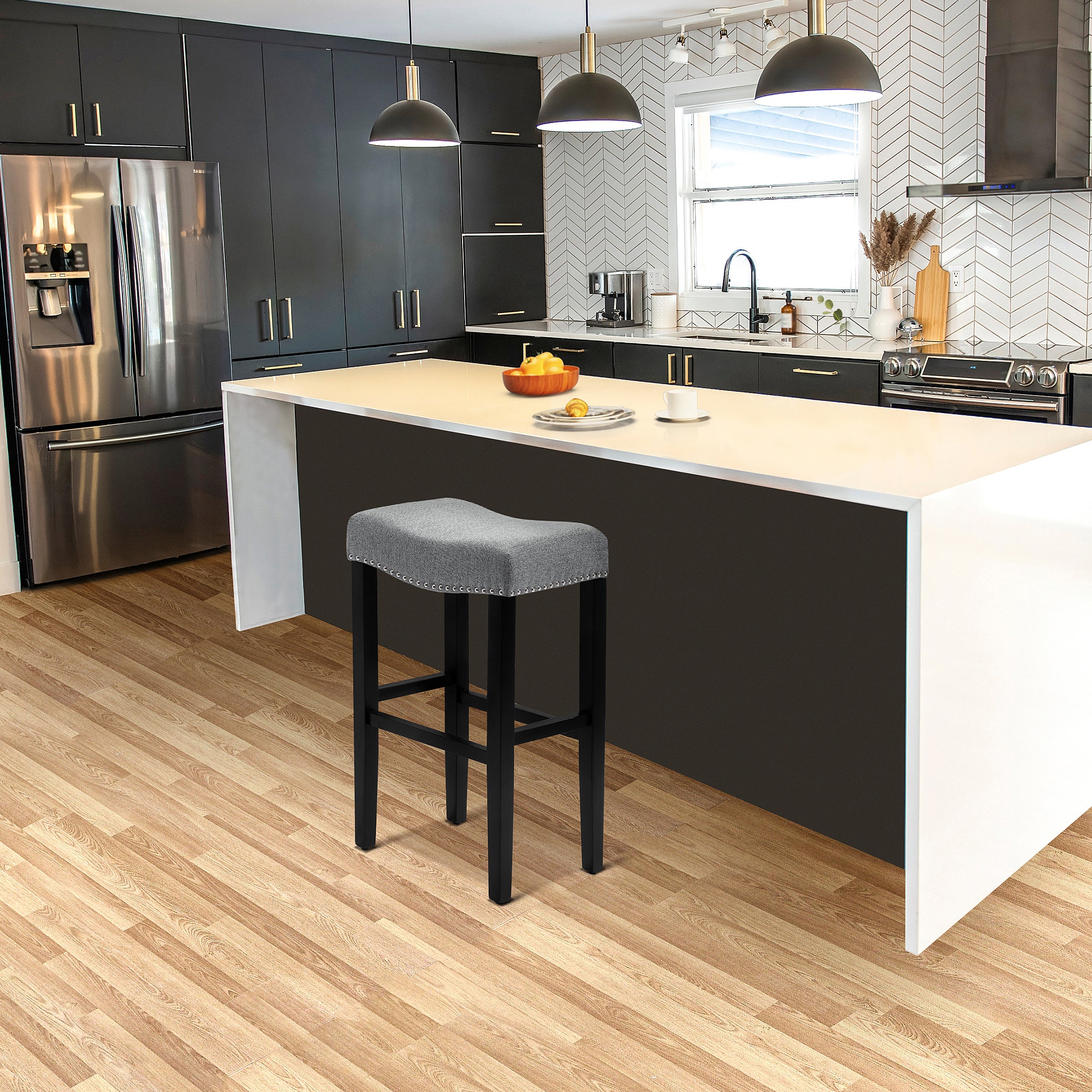 Bulmon 29" upholstered nail head bar counter stools with Black color legs