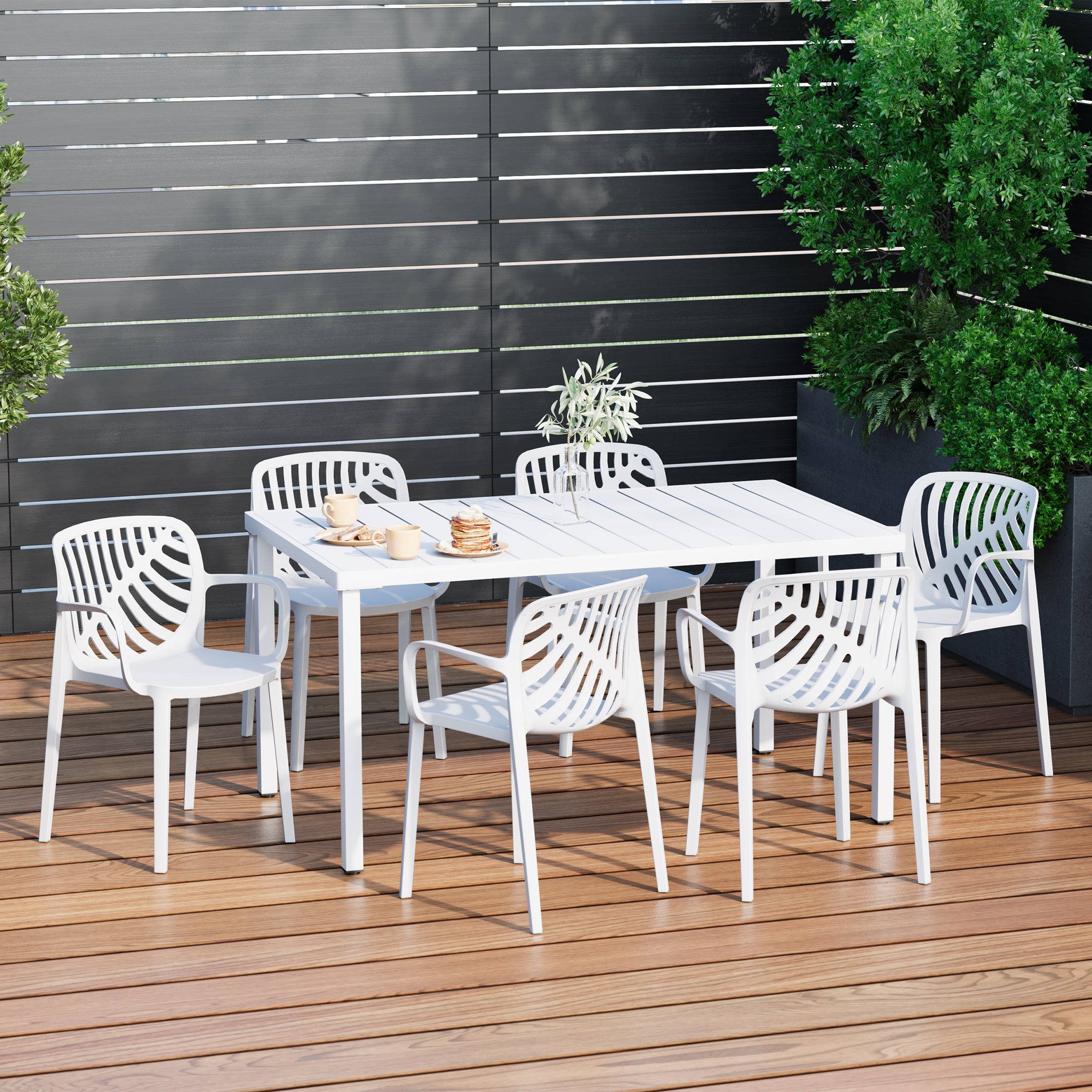 Sunshine 7-Piece Outdoor Metal Rectangle Patio Dining Table Set With Stackable Resin Patio Dining Chairs