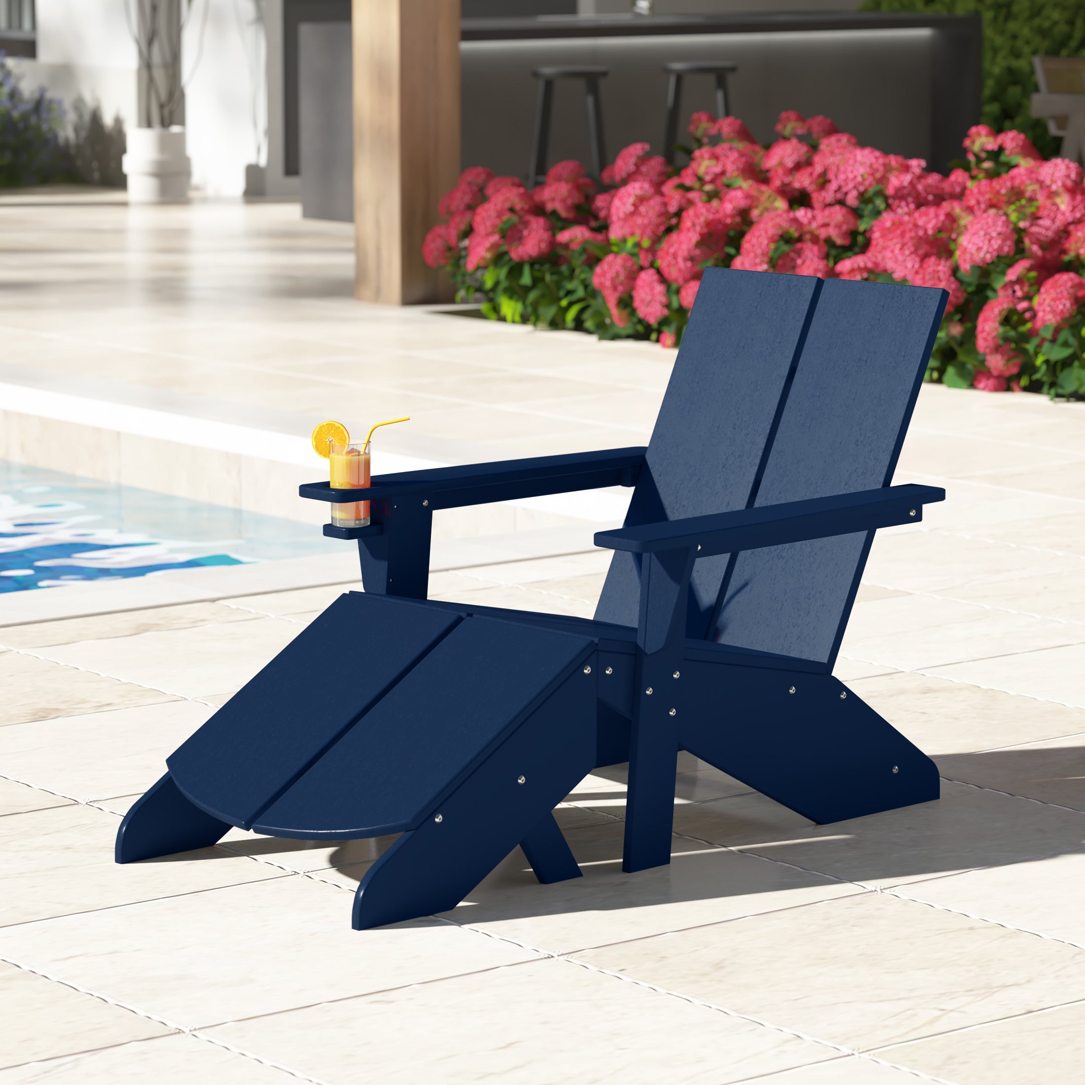 Seaview Outdoor HDPE Modern Adirondack Chair with Folding Patio Ottoman and Cup Holder