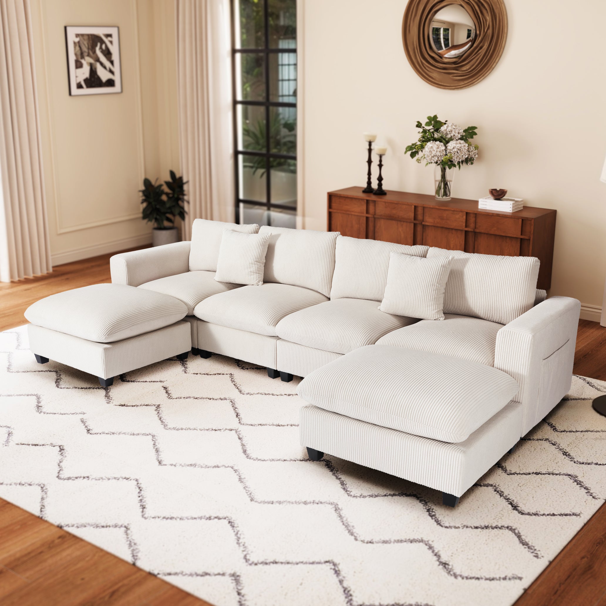 Ava 128" Corduroy Modular U-Shaped Sectional Couch and Chaise With USB/Type-C Ports and Side Pockets