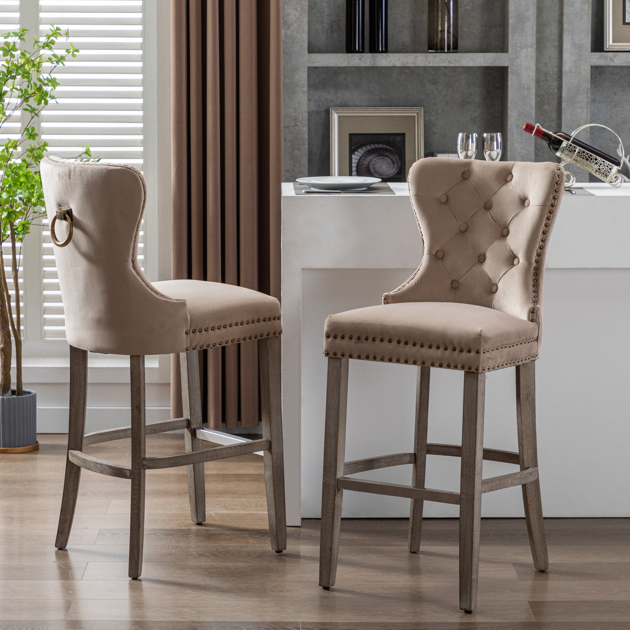 Hank 29" Tufted Velvet Bar Stool (Set of 2), Antique Gray