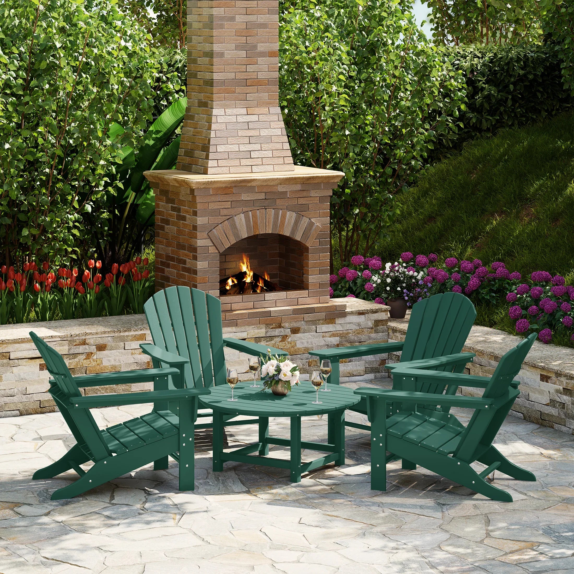 Portside 5-Piece Outdoor Patio HDPE Adirondack Chair With Round Coffee Table Conversation Set