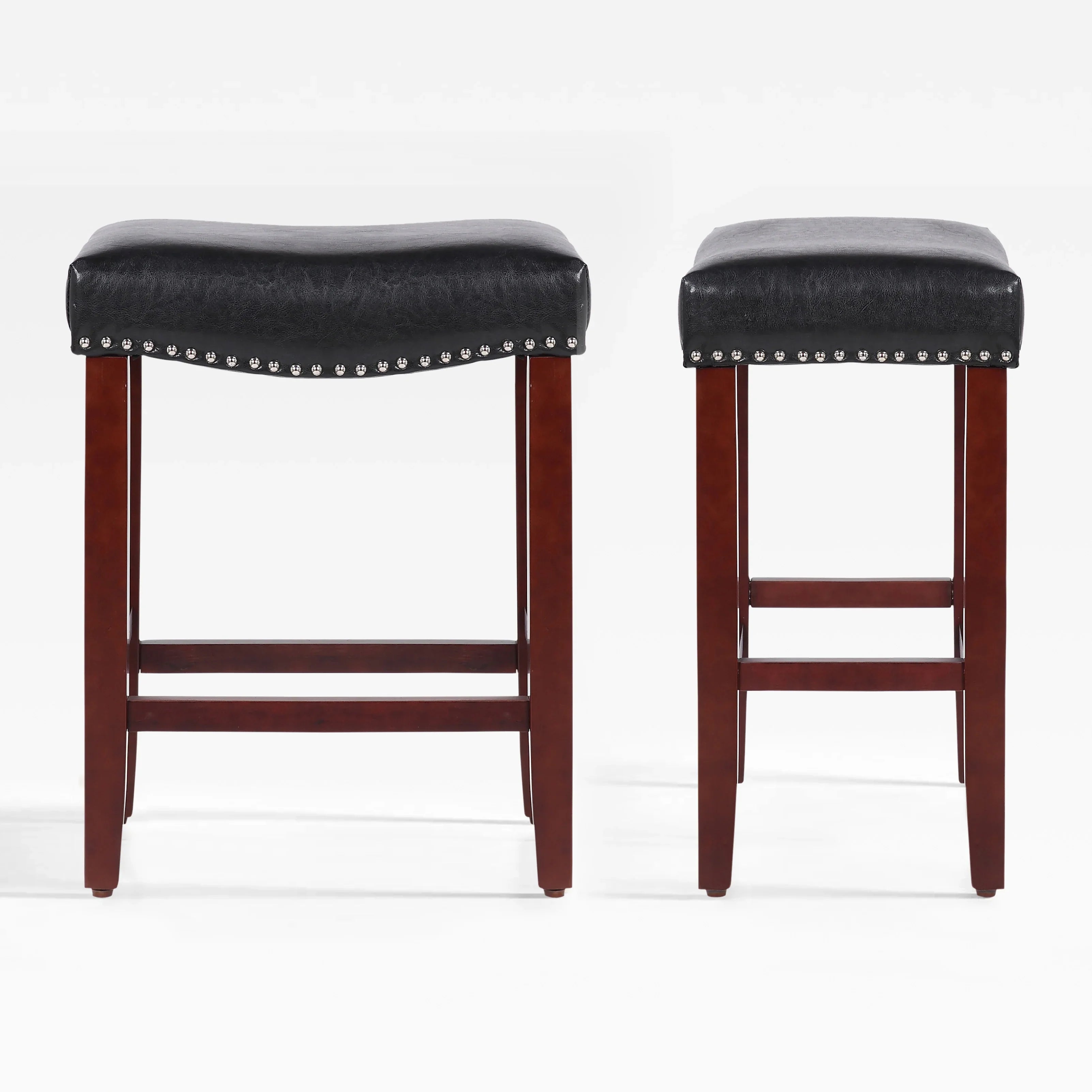 Bulmon 24" upholstered nail head bar counter stools with Cherry Red color legs (2 piece set)