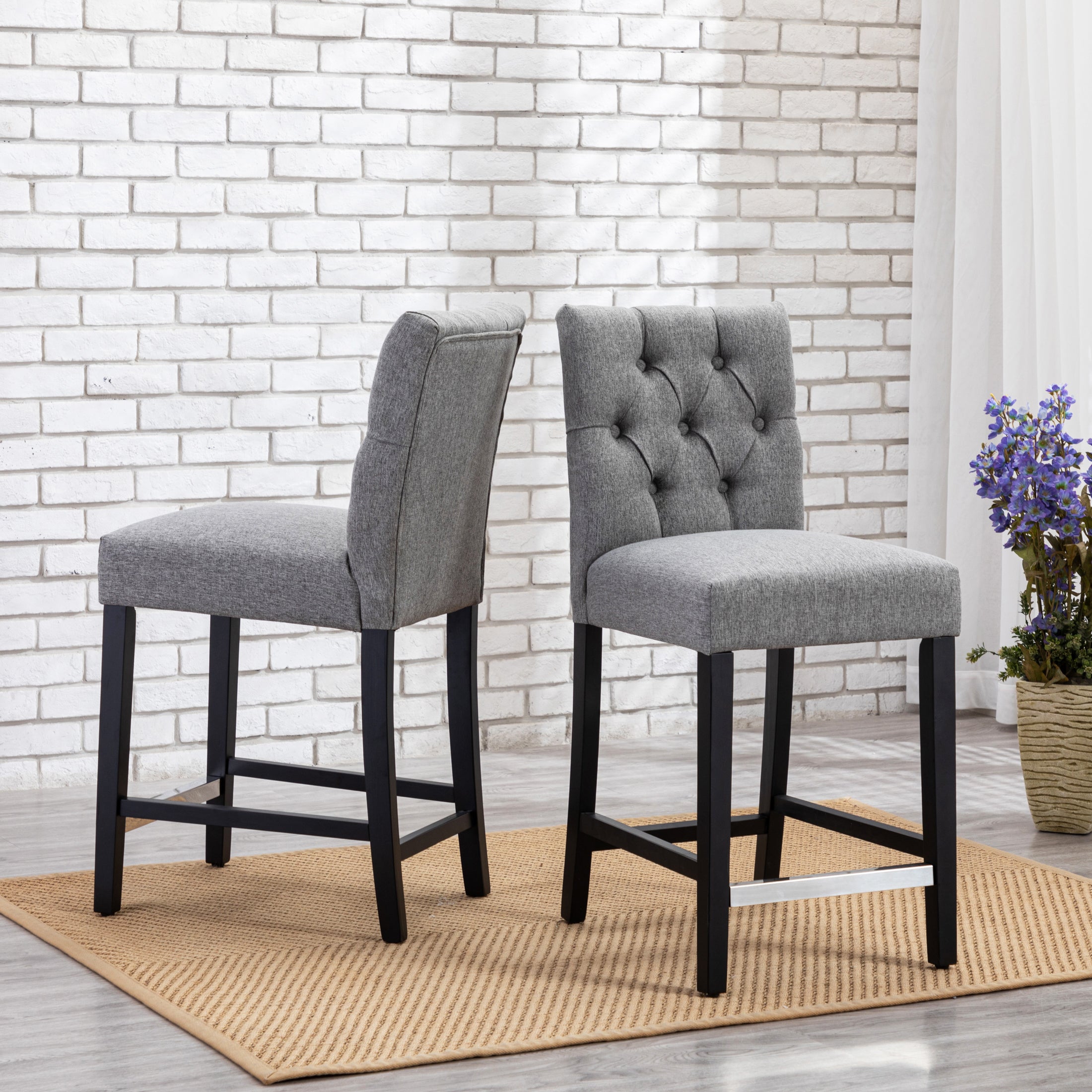 Bellmount 24" Linen Fabric Tufted Bar Stool (Set of 2),Black