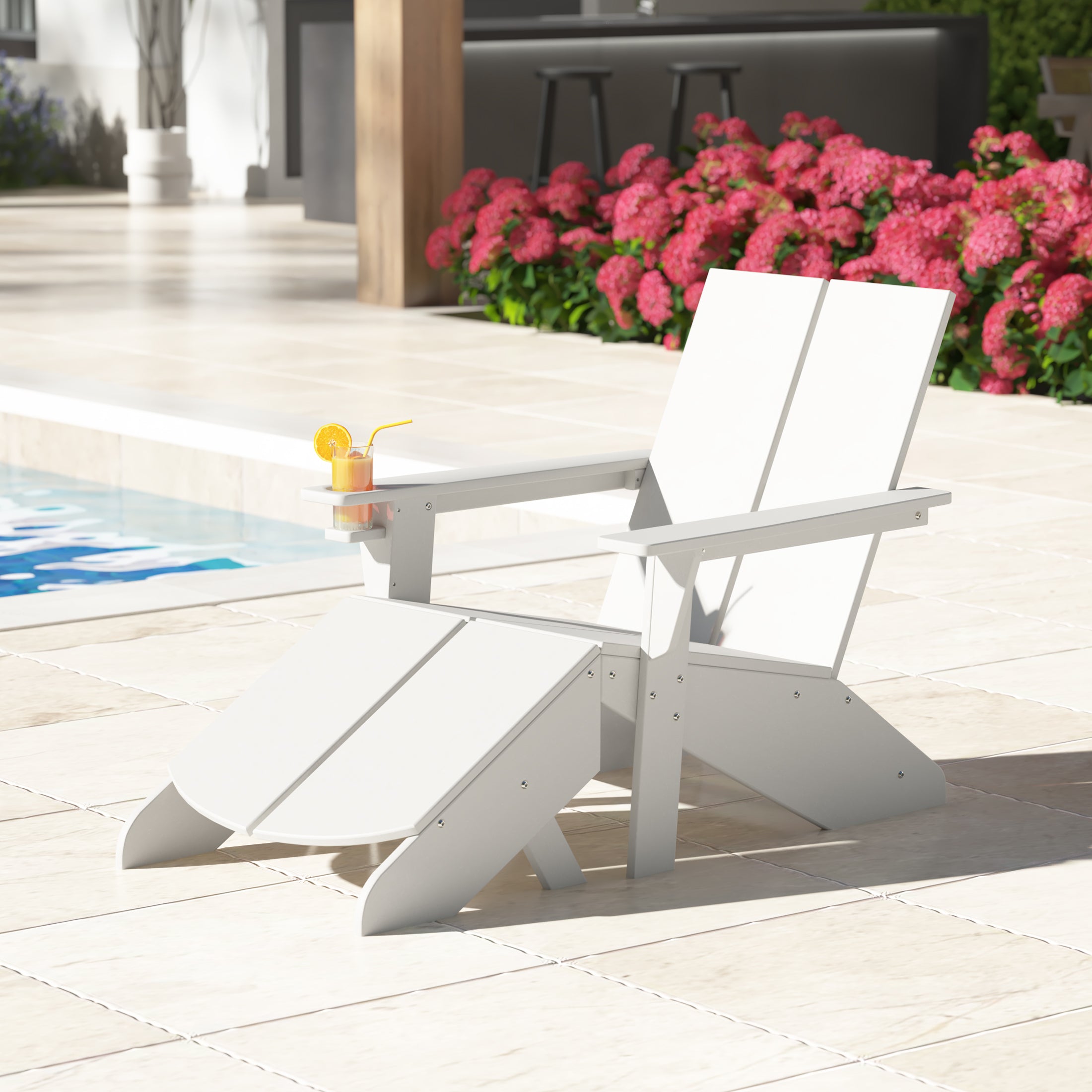 Seaview Outdoor HDPE Modern Adirondack Chair with Folding Patio Ottoman and Cup Holder
