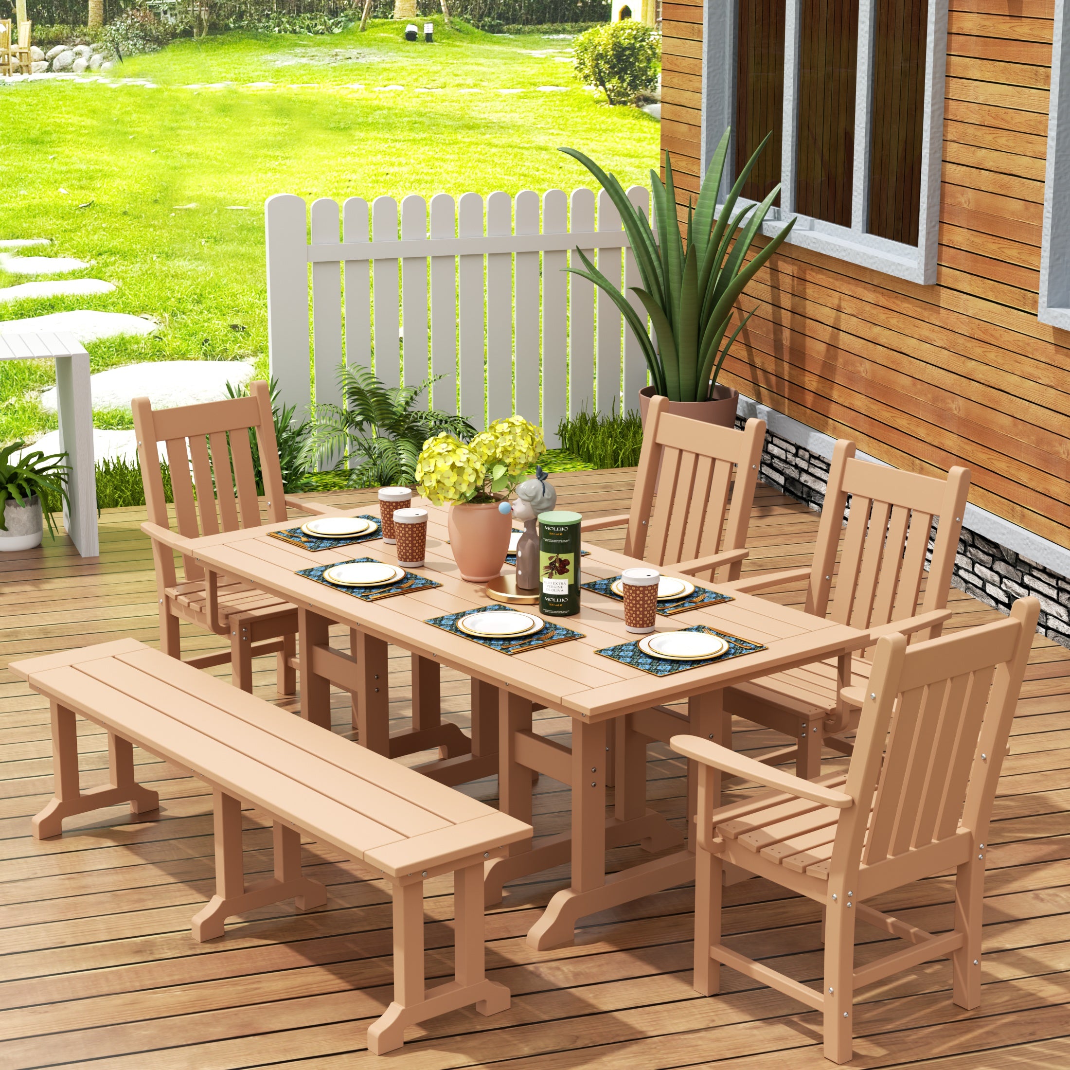 Paradise 6 Piece Outdoor Patio Dining Set Outdoor Table and Bench Armchair Set