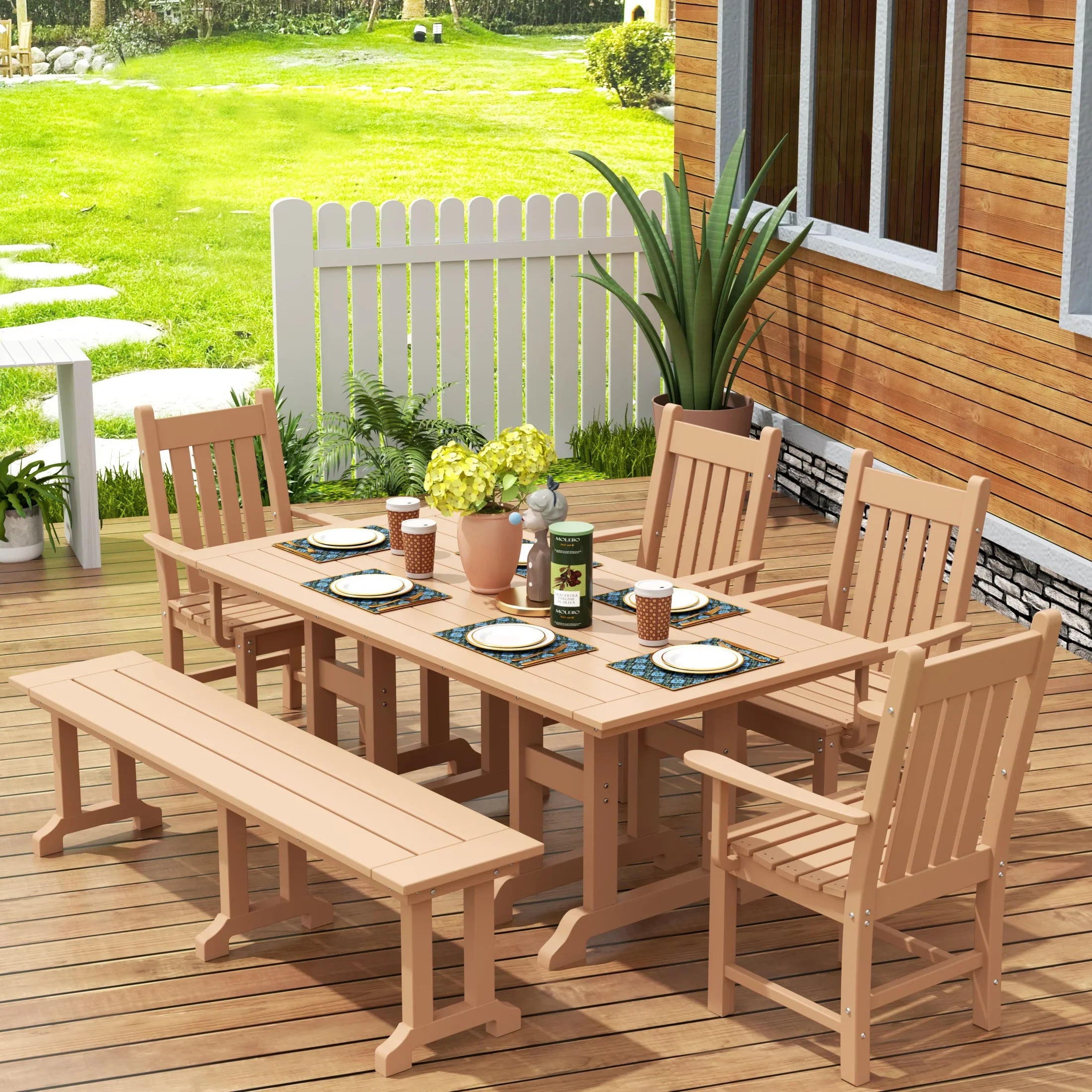 Paradise 6 Piece Outdoor Patio Dining Set Outdoor Table and Bench Armchair Set