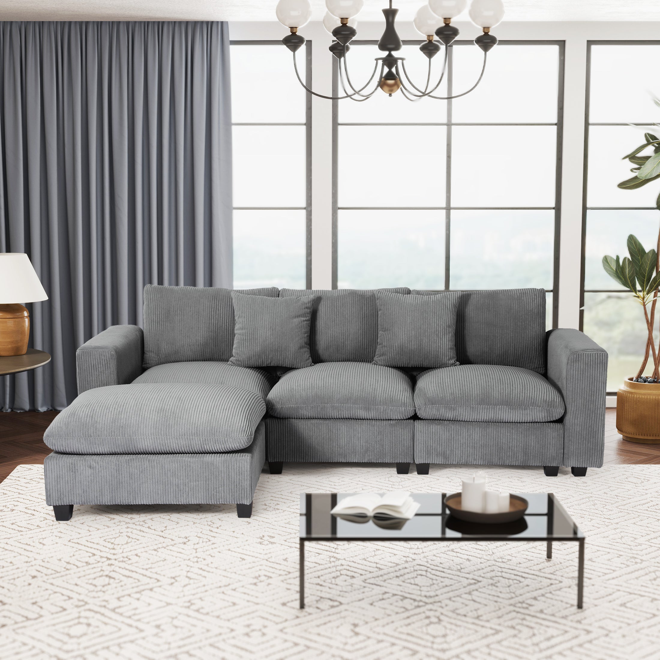 Ava 99" Modular Corduroy L-Shaped Sectional Sofa and Chaise With USB/Type-C Ports and Side Pockets
