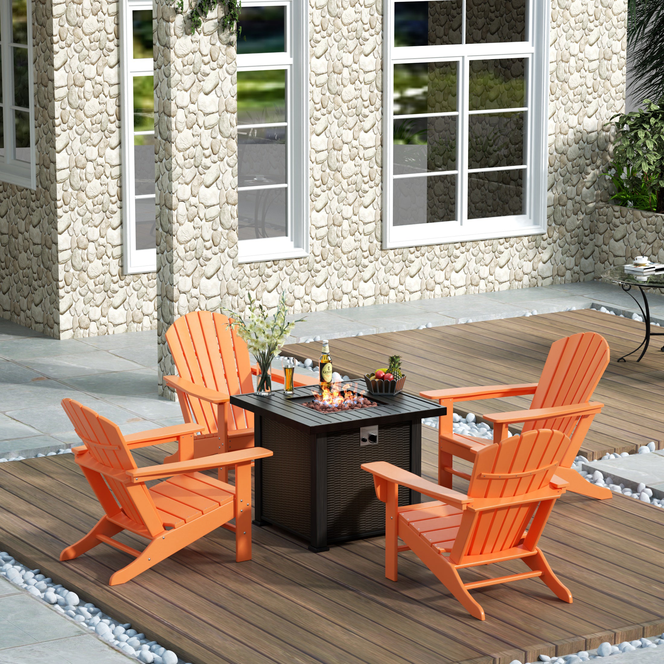Portside Dylan Outdoor Patio Adirondack Chair With Square Fire Pit Table Sets