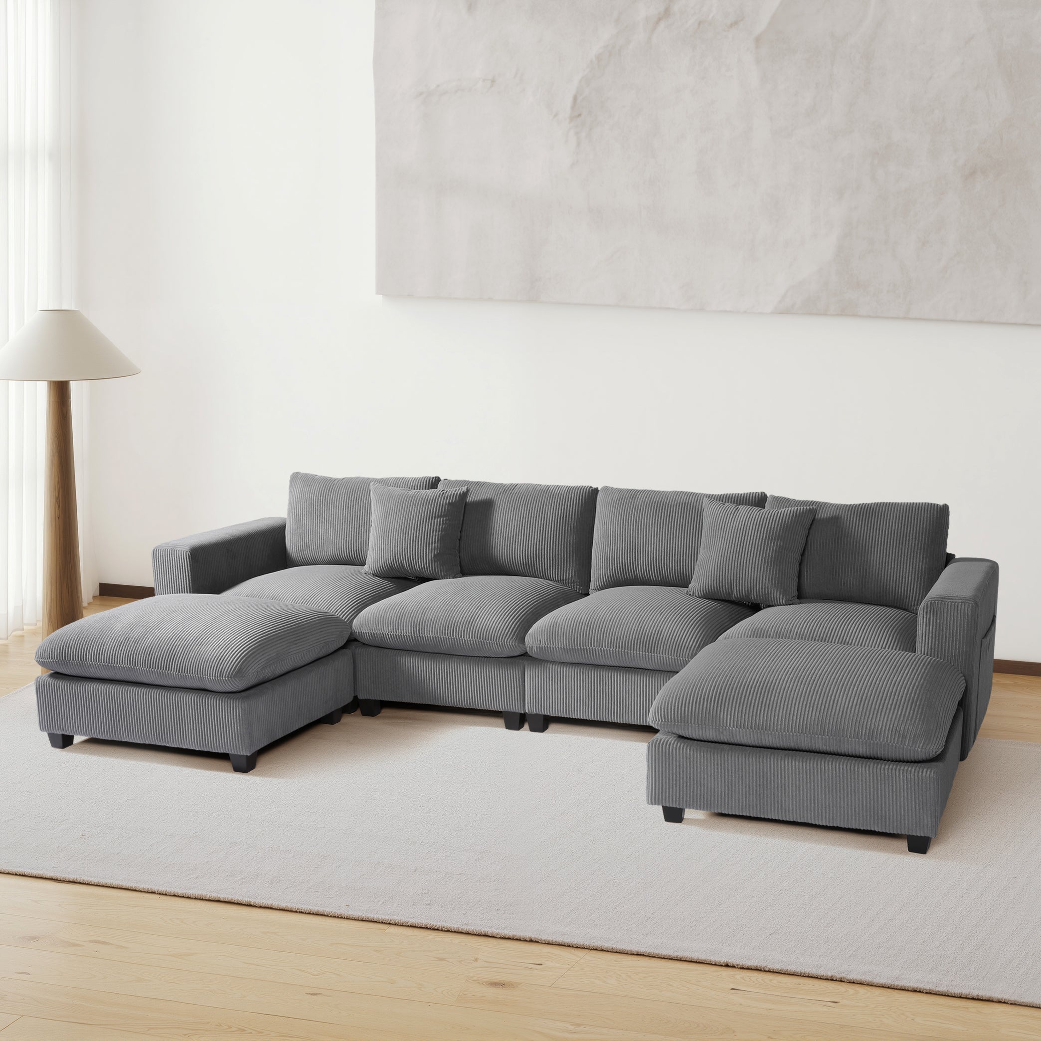 Ava 128" Corduroy Modular U-Shaped Sectional Couch and Chaise With USB/Type-C Ports and Side Pockets