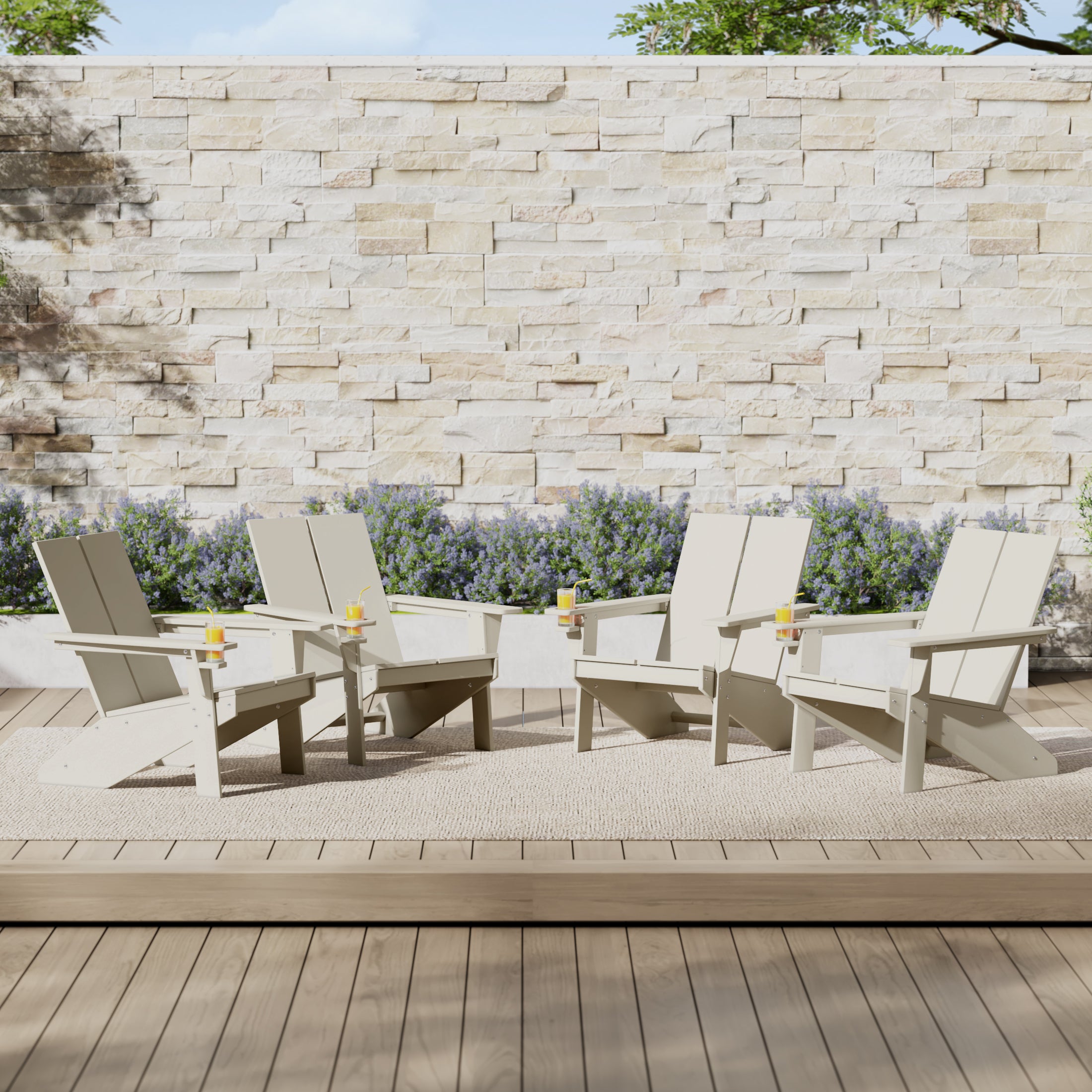 Seaview Outdoor HDPE Modern Adirondack Chair with Cup Holder (Set of 4)