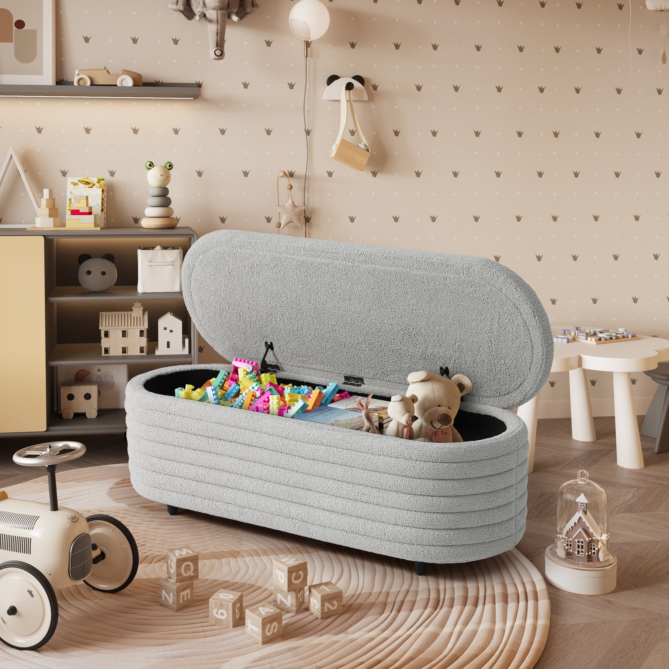 Celine 54" Wide Mid-Century Modern Upholstered Teddy Sherpa Tufted Oval Storage Ottoman Bench