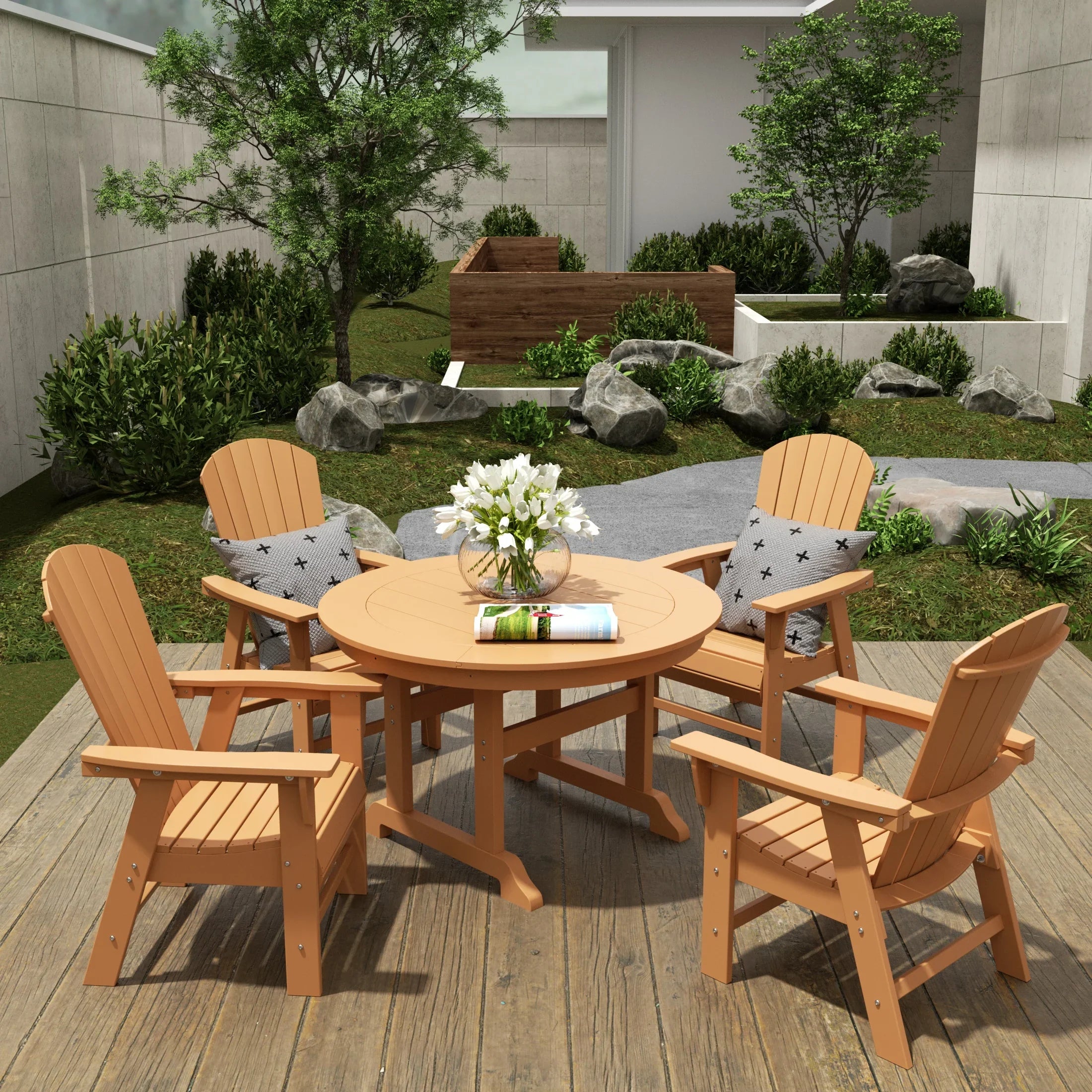 Portside 5 Piece Outdoor Patio Dining Round Table and Shell Back Armchair Set