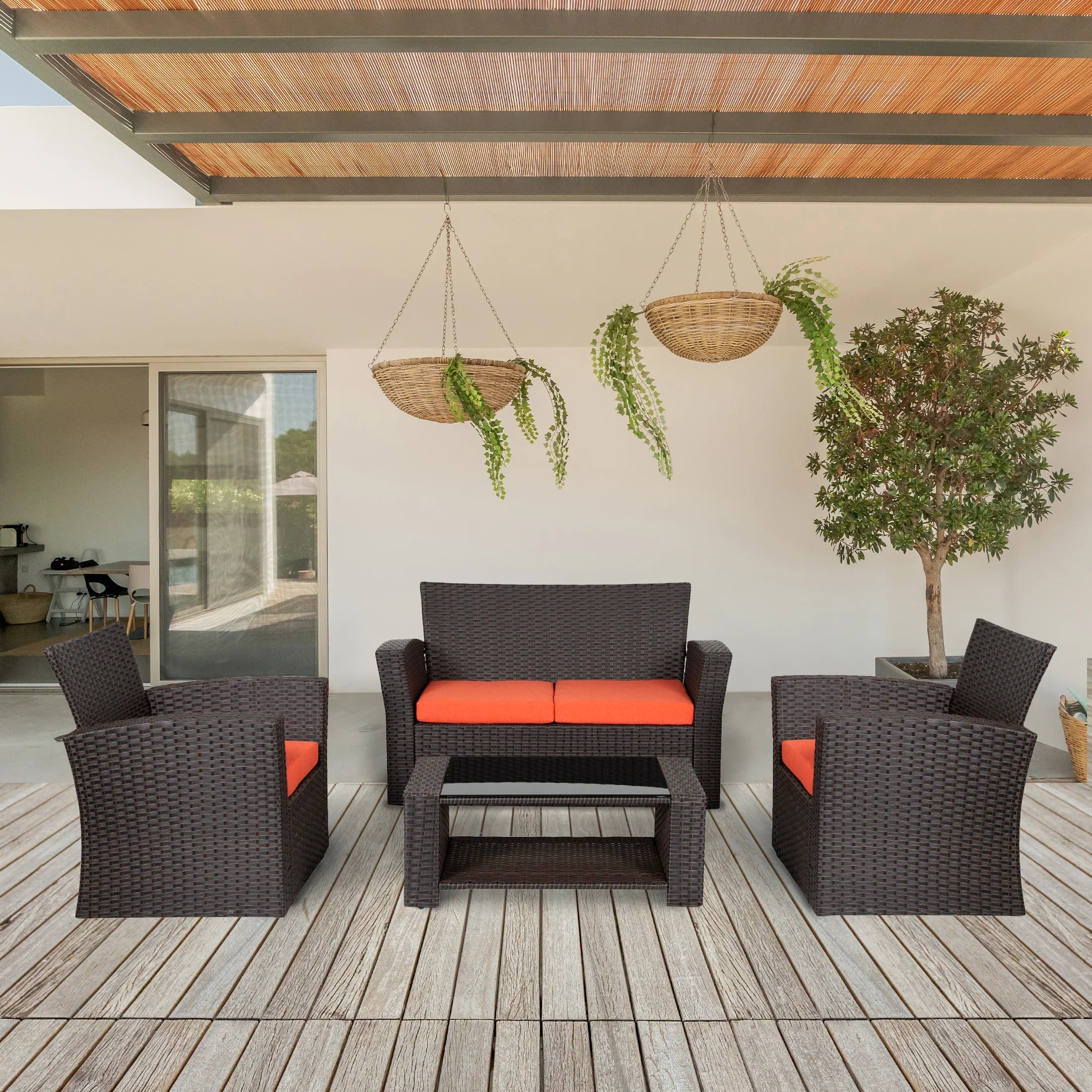Wynston 4-Piece set Chocolate color base Outdoor / Patio Wicker Rattan Conversation Sofa set with cushions and a Coffee table ( 4 seater )