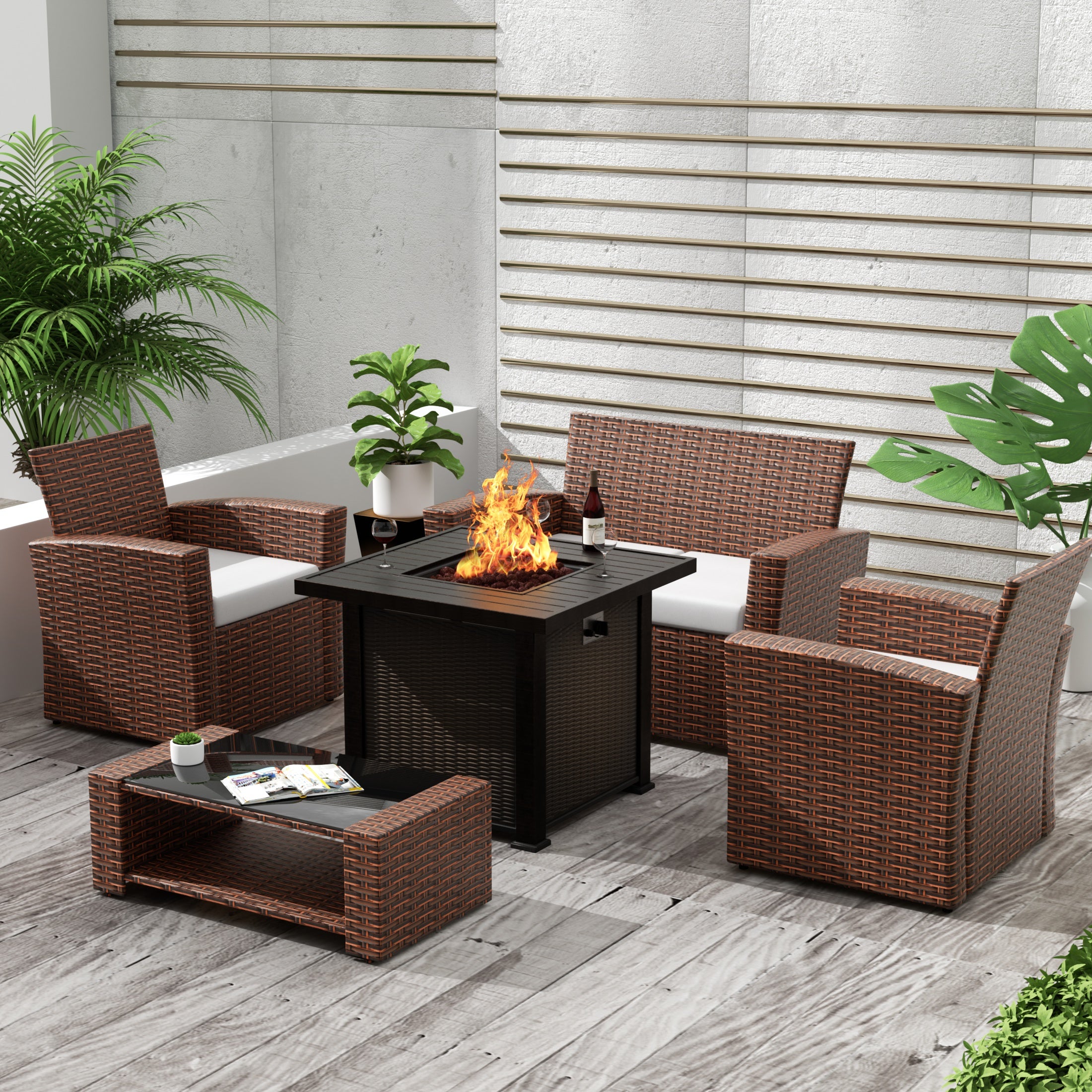 Wynston 4-Piece Conversation Outdoor Patio Sofa Set with Square Fire Pit Table, Brown
