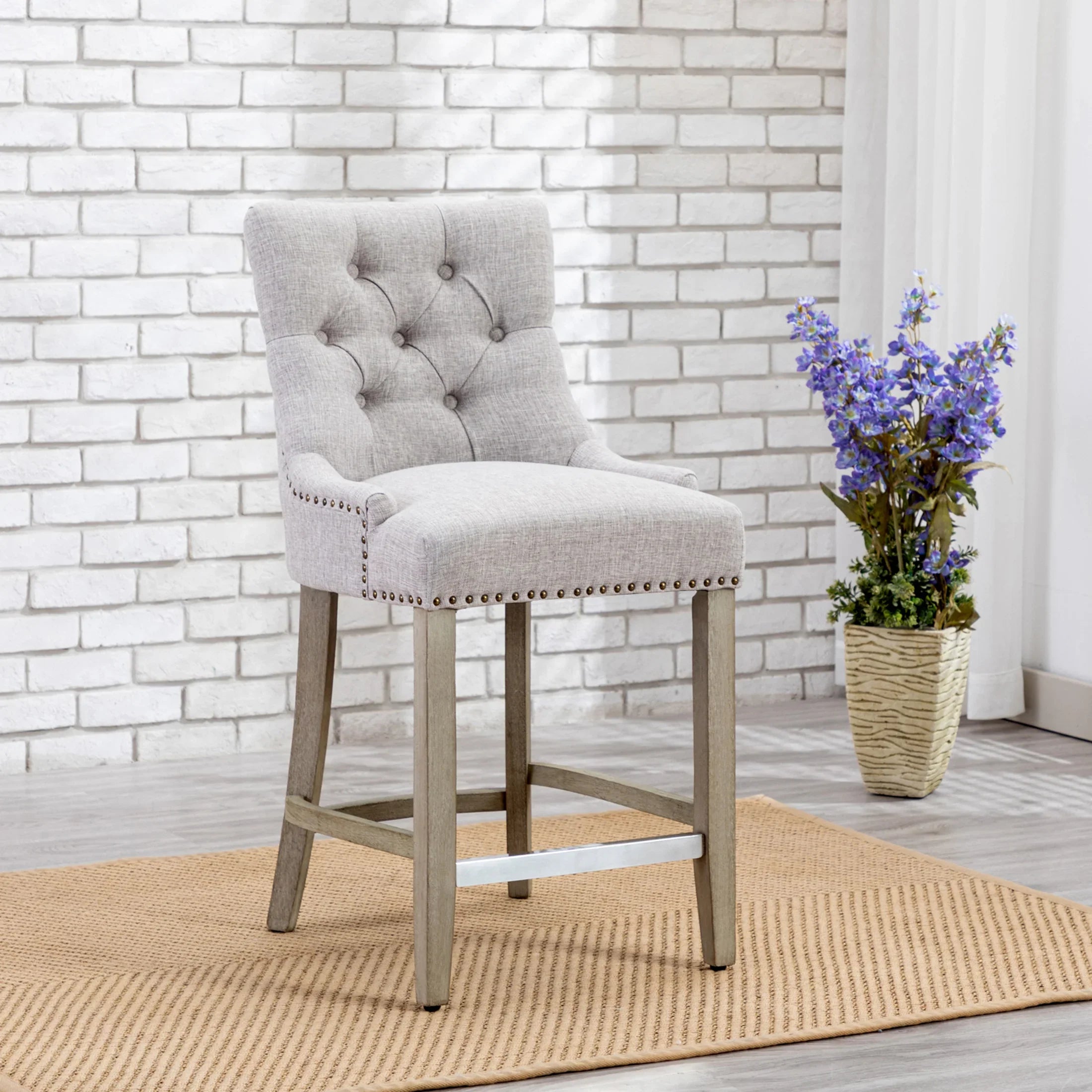 Bellmount 24" Upholstered Wood Bar Stool with Tufted Back