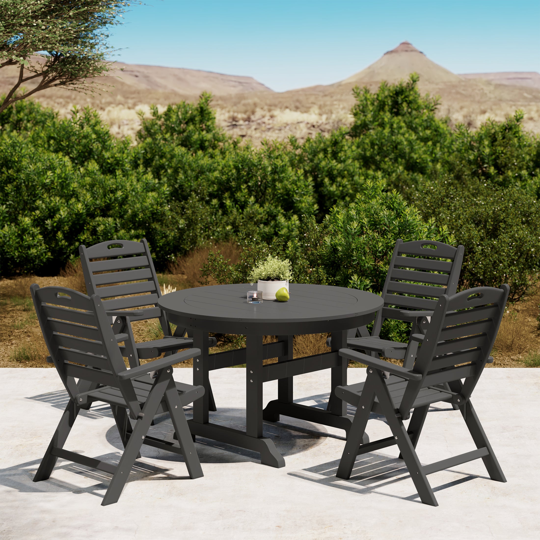 Paradise 5-Piece HDPE Round Patio Dining Table Set with Foldable Chairs
