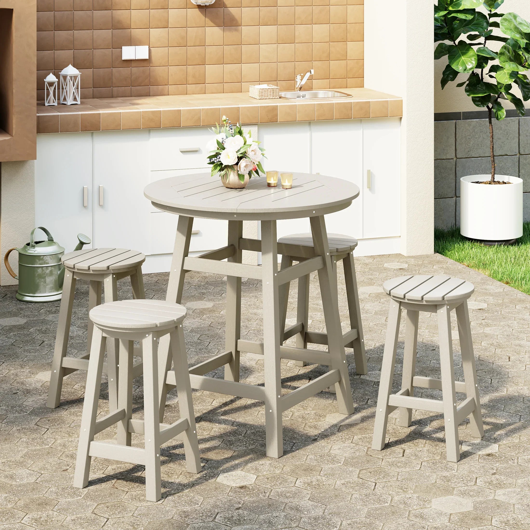 Paradise 5-Piece HDPE Outdoor Patio Dining Bar Bistro Table Set with Counter High Round Bar Stools