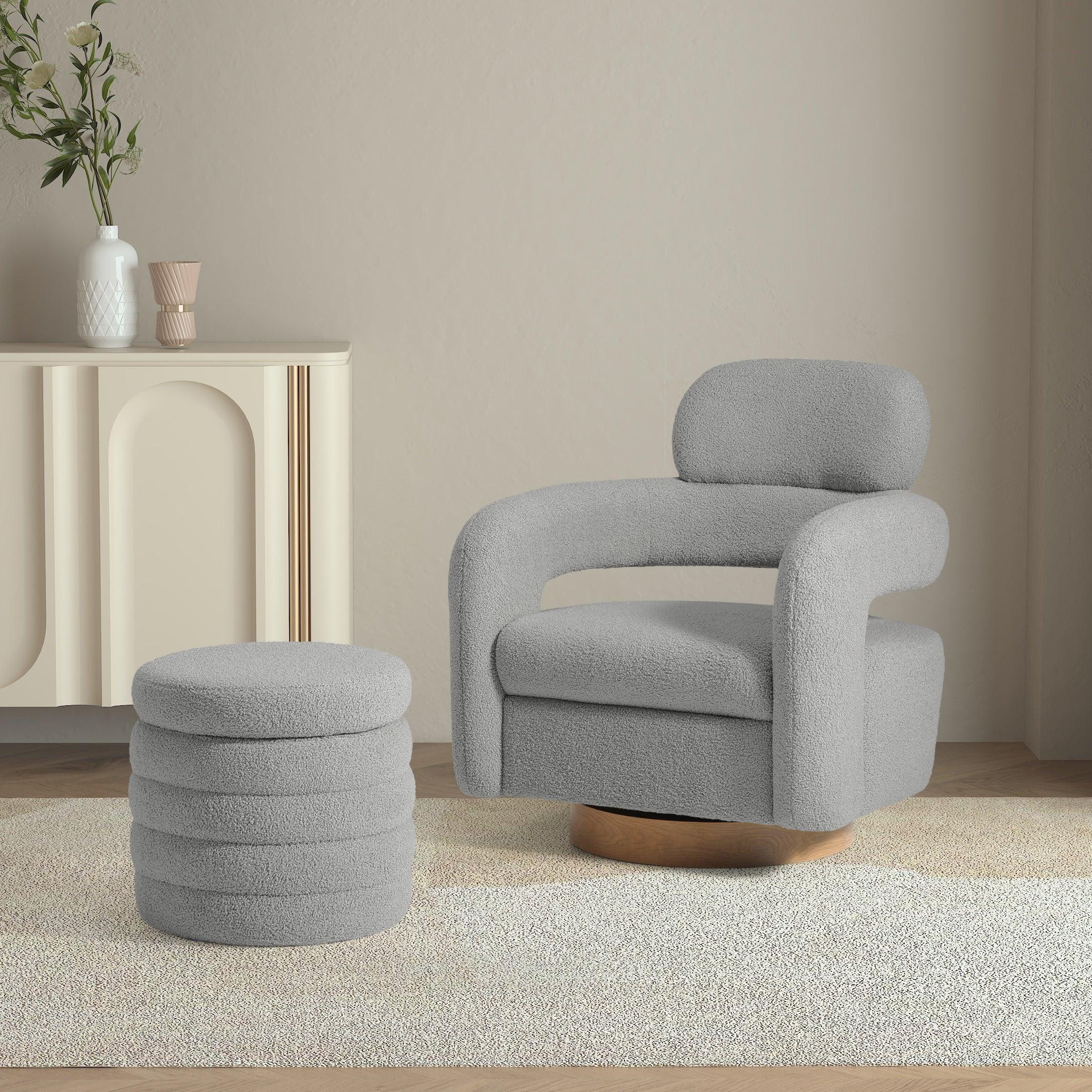 Celine Mid-Century Modern Sherpa Swivel Barrel Accent Chair With Storage Ottoman