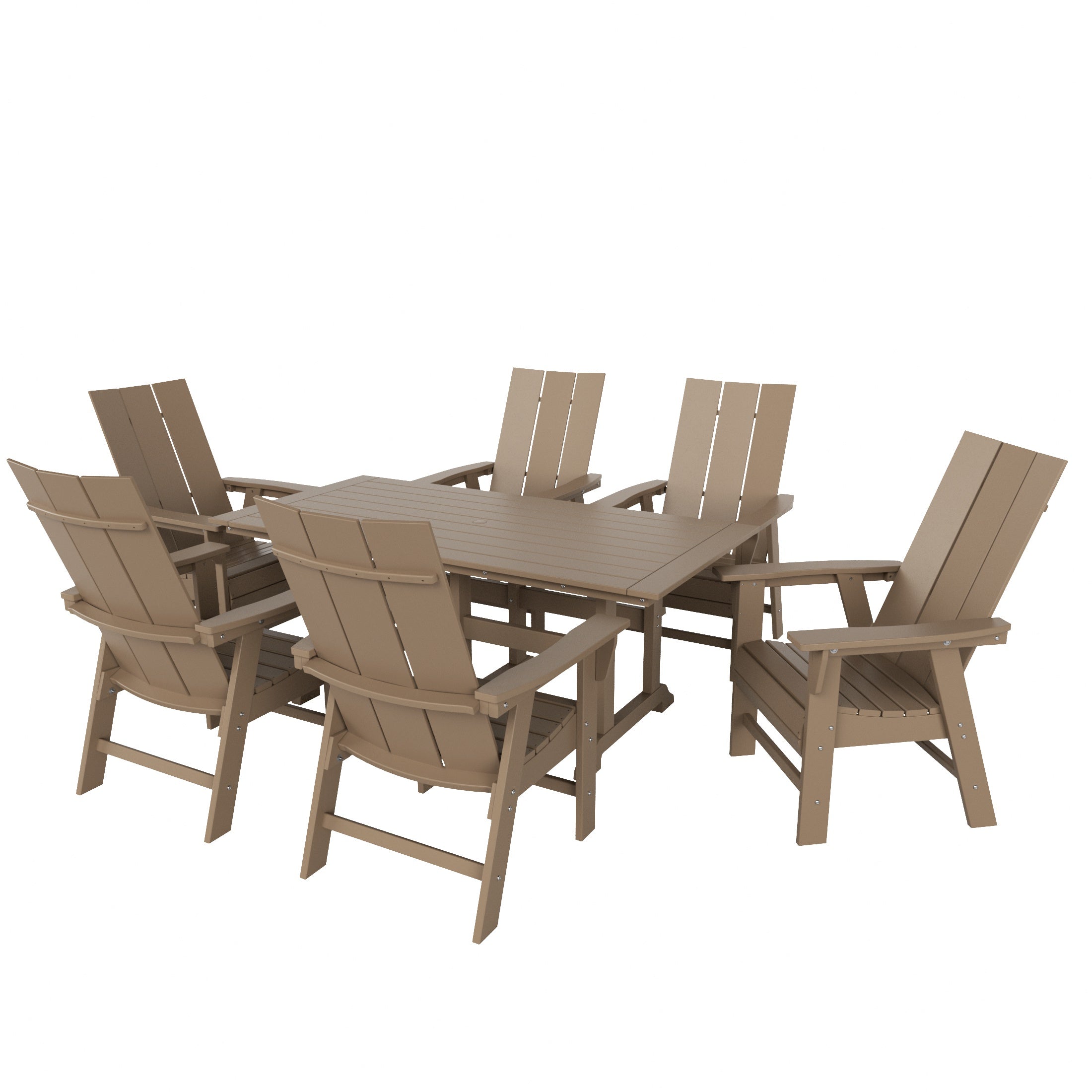 Palms 7 Piece Outdoor Patio Dining Table and Modern Adirondack Armchair Set